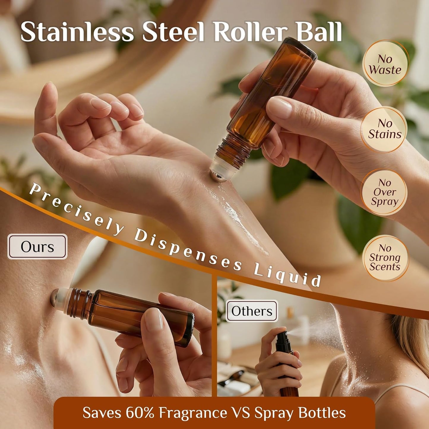PrettyCare 4 Pack Amber Glass Oil Roller Bottles for Essential Oils 10ml, Roll On Bottles with Stainless Steel Roller Ball Leak-Proof Perfume Travel Refillable Bottle Empty, Beauty & Personal Care