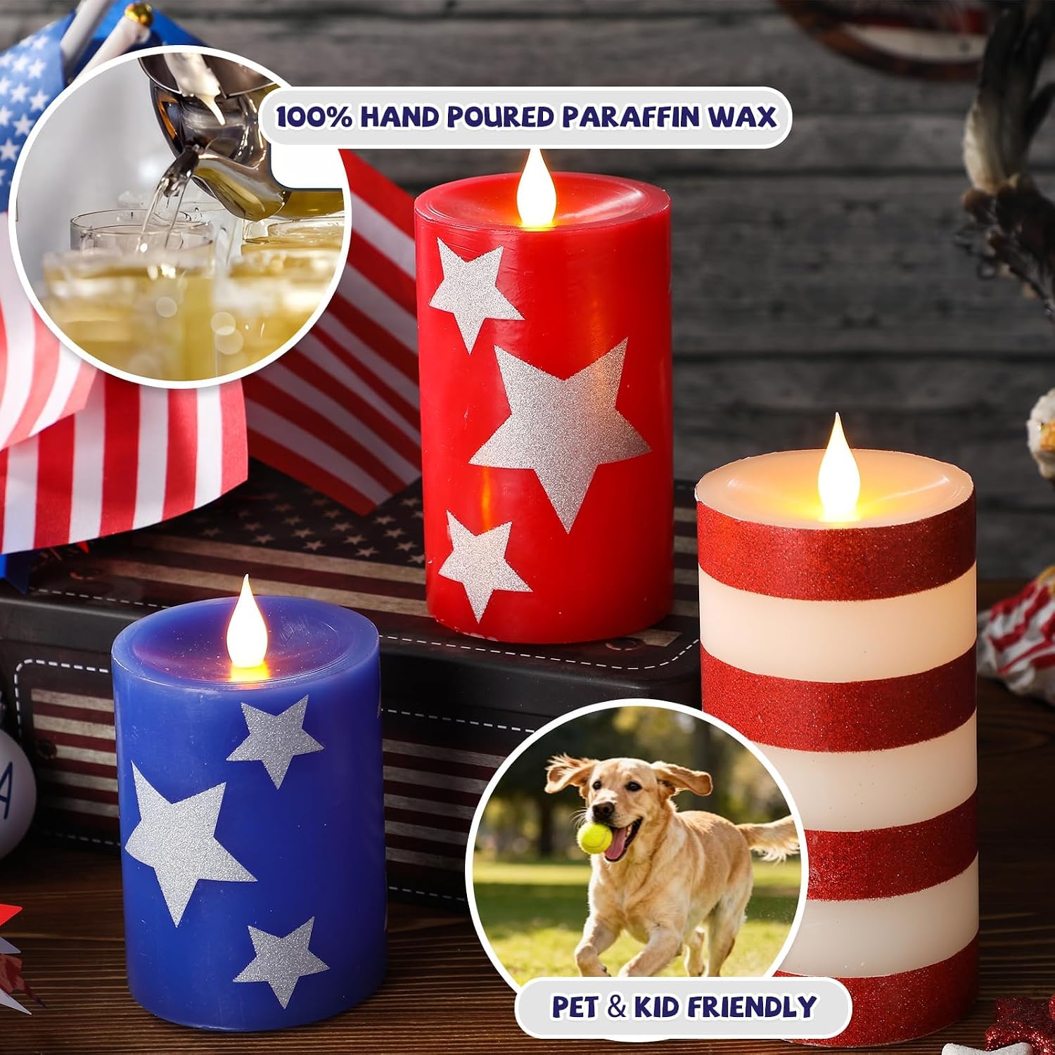 Set of 3 Patriotic Flameless Candles, Red White and Blue Battery Operated Pillar Candles, Patriotic Candles for 4th of July Independence Day Home Decor