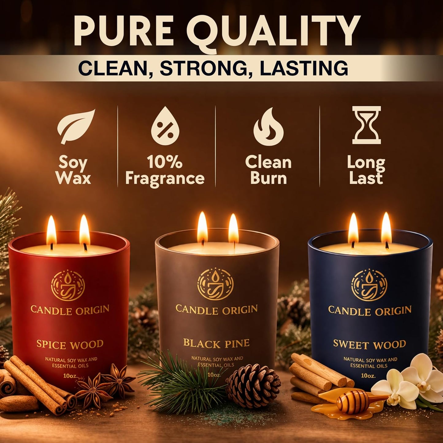 Candles for Men - 3×10 oz Scented Candles Premium Gift Set for Men - Natural Soy Wax - Clean Burning Aromatherapy for Him - Masculine Decor for Home, Apartment, Office, Man Cave