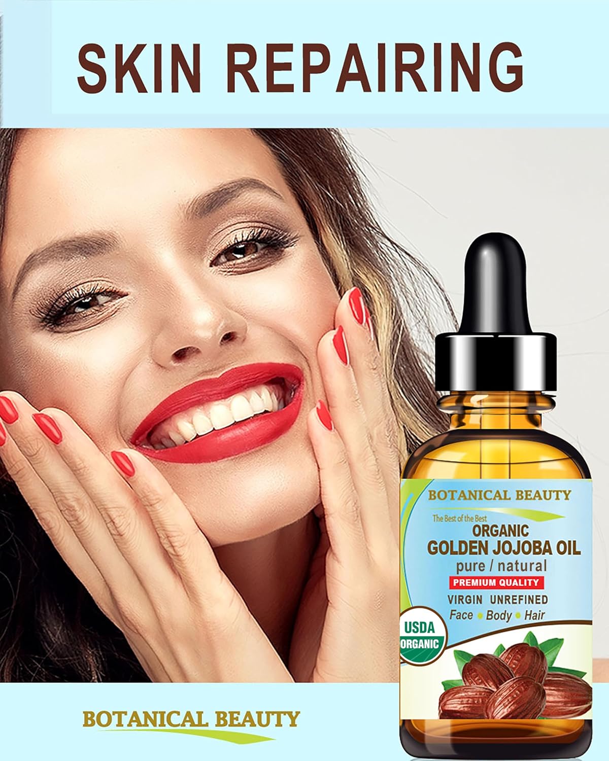 Botanical Beauty Organic JOJOBA OIL 100% Pure Natural VIRGIN UNREFINED Cold-Pressed Carrier Oil 0.5 Fl oz 15 ml for Face, Skin, Body, Hair, Lip, Nails. Rich in Vitamin E, Omega 6, Omega 9