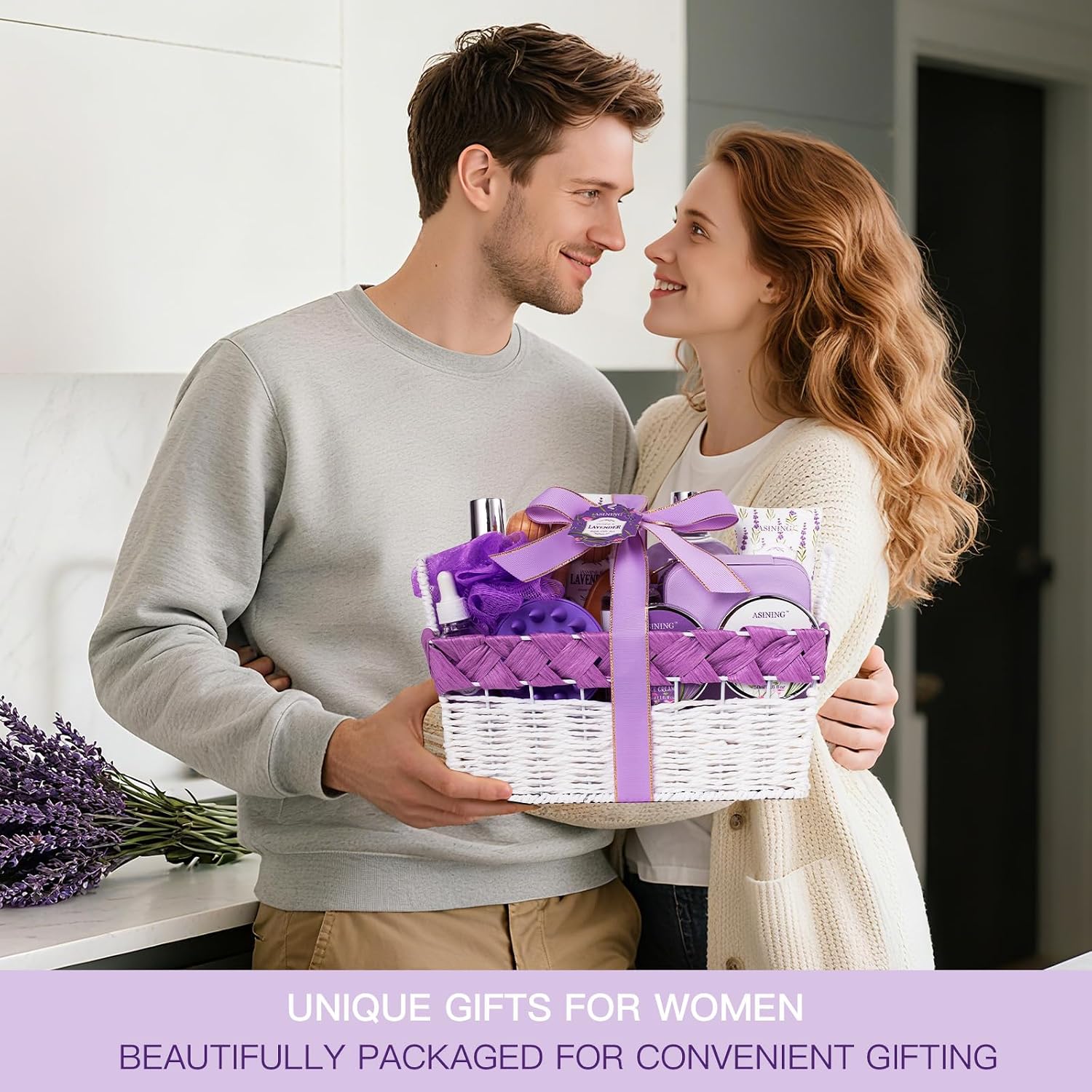 19-Pc Luxury Body Gift Set for Women, Lavender Bath and Body Gift Basket, Spa Gift Basket, Home Spa Gifts, Facial Care, Necklace, Skin Care gift set for Mother Day, Anniversary, Birthday, Christmas