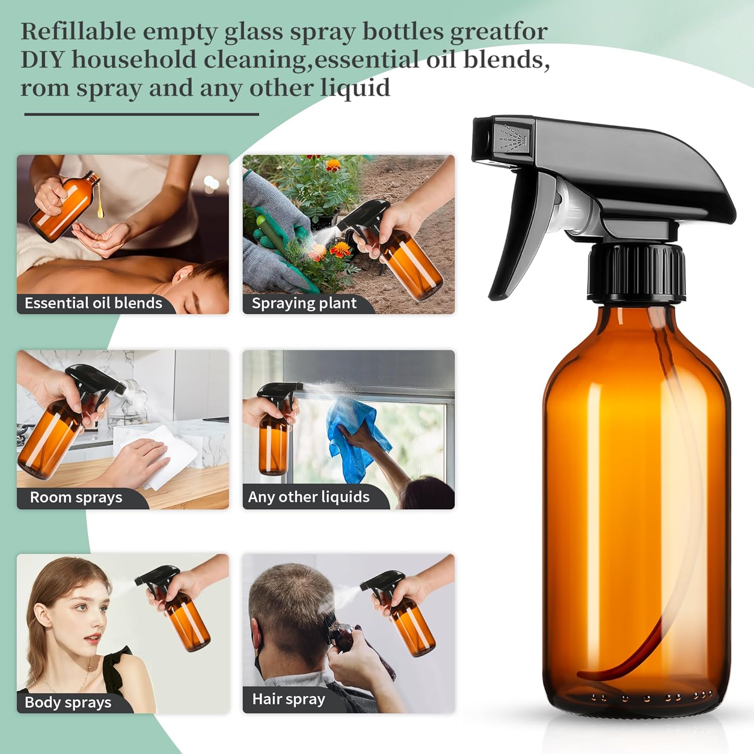 GIVAMEIHF 8oz Amber Glass Spray Bottles,3 Pack Glass Spray Bottles Refillable Empty Bottle with Adjustable Nozzle,Spray Bottle for Essential Oils,Cleaning Solutions,Pets,Hair Mister,Gardening