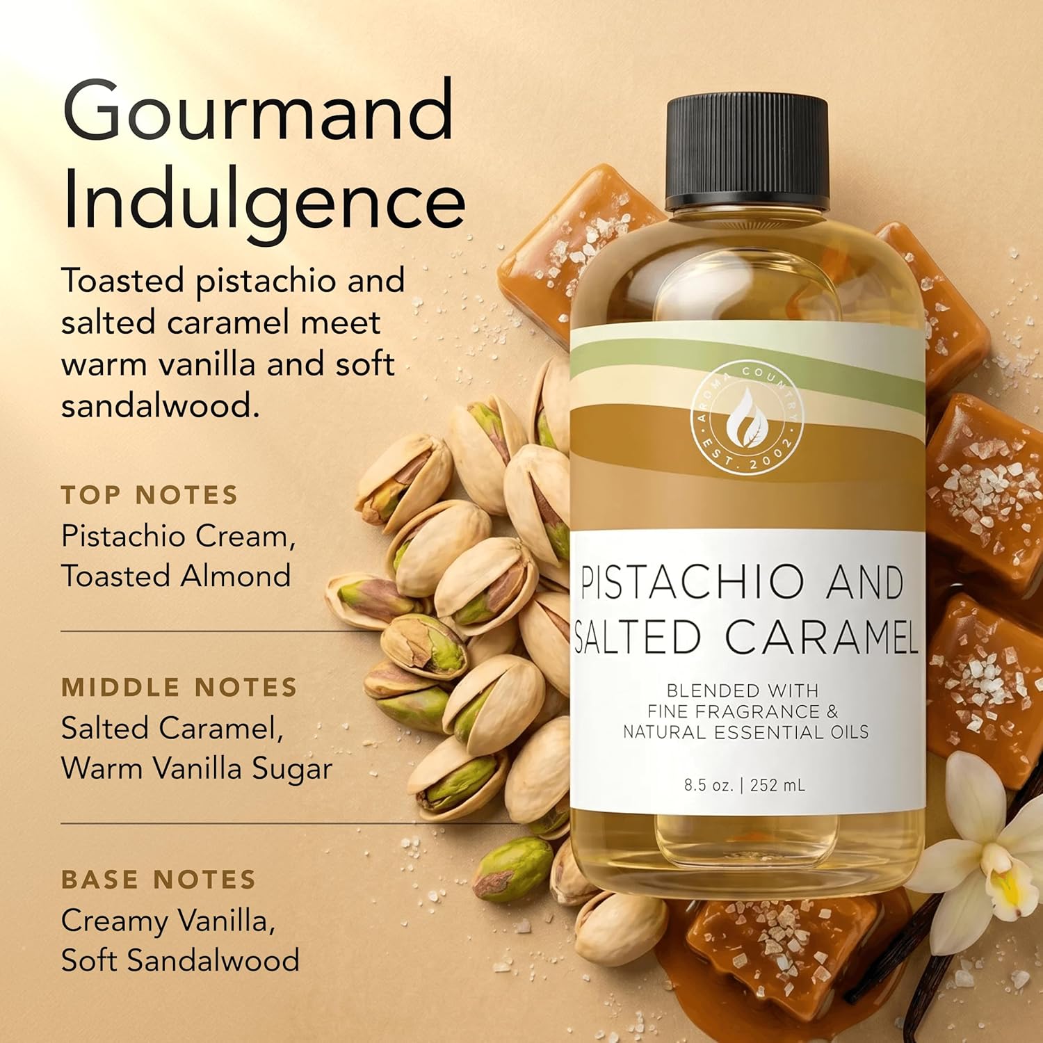 Aroma Country Pistachio & Salted Caramel Diffuser Oil - Luxury Dessert-Inspired Nutty Caramel Fragrance Oil, Home Aroma for Diffusers & Room Spray - Premium Aromatherapy Oils & Home Scent (4 Fl Oz)