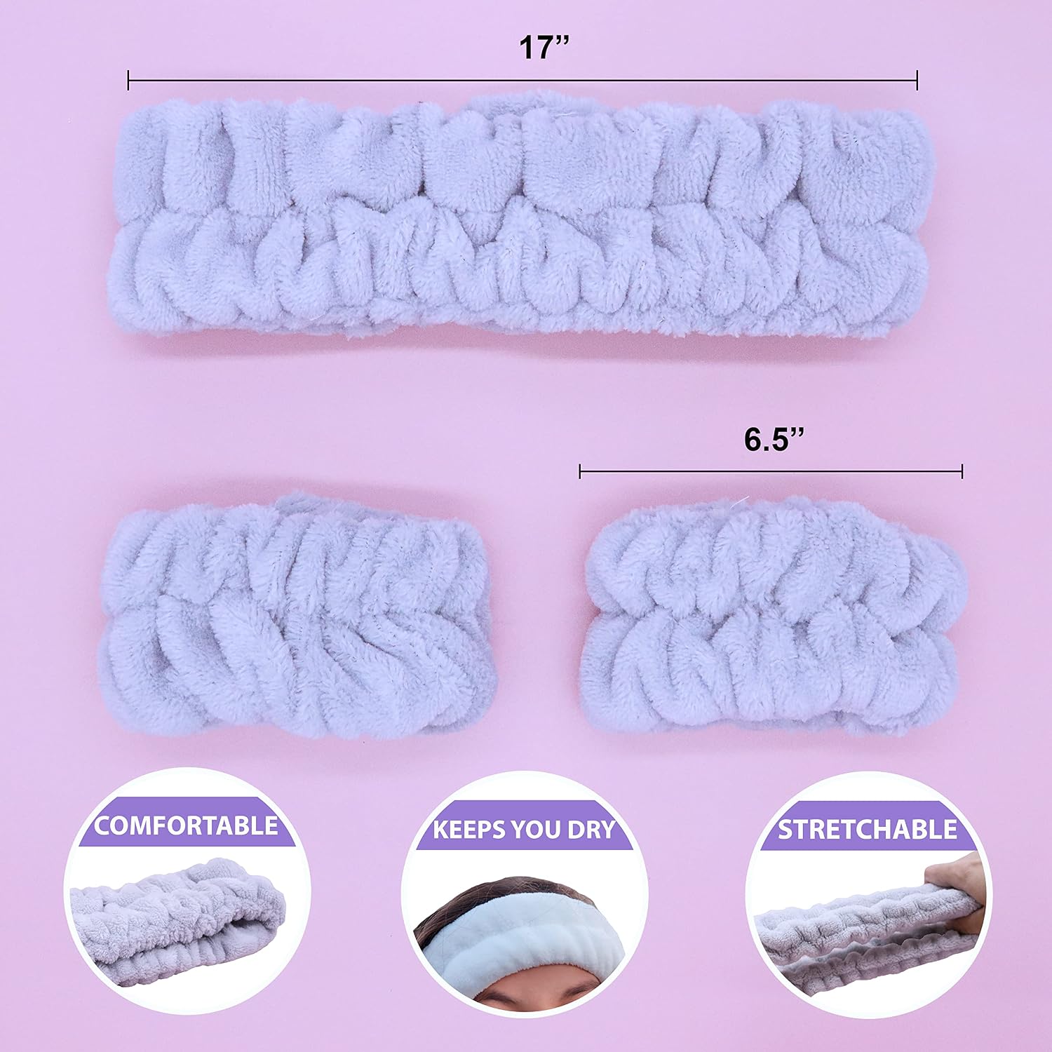 FROG SAC Spa Headband and Wristbands for Face Washing, Fuzzy Skincare Make Up Headbands Set for Women, Soft Puffy Makeup Skin Care Facewashing Hair Band Accessories for Girls (Gray)