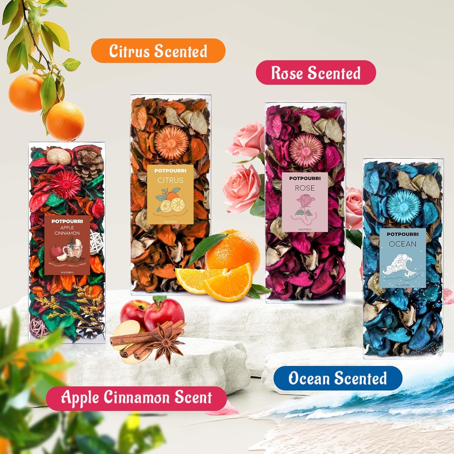 SCENTORINI Potpourri Bags, Summer Potpourri Vase Filler, 10.44 oz Rose Scented Bowl Fillers for Home Decor, Dried Flower for Coastal Bathroom Hotel Beach Vase Decor
