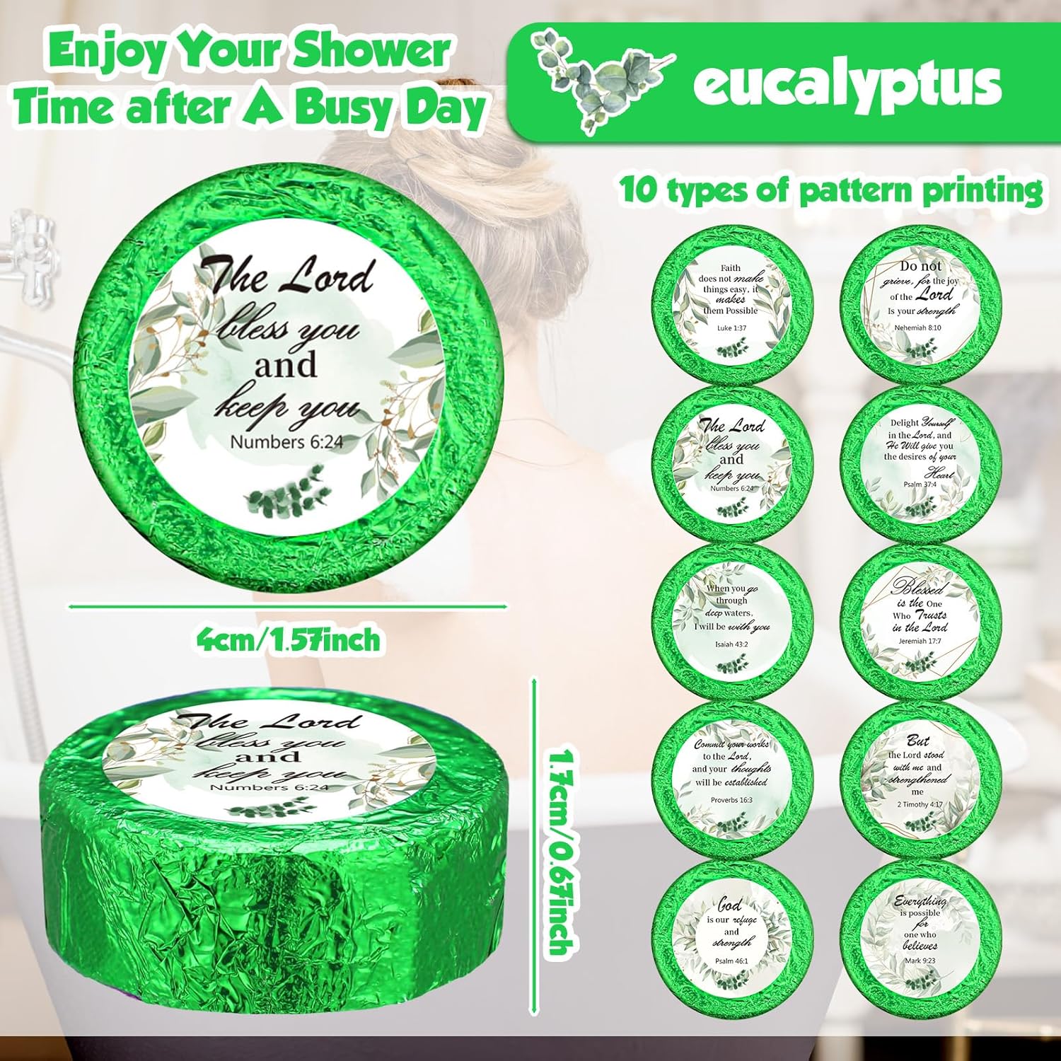 Siifert Shower Steamers Aromatherapy 50 Pack Bulk Eucalyptus Leaf Shower Steamer with Bible Verse Christian Gifts for Adults Her Mom Him Home Spa Gym Natural Essential Oil Self Care Relaxation