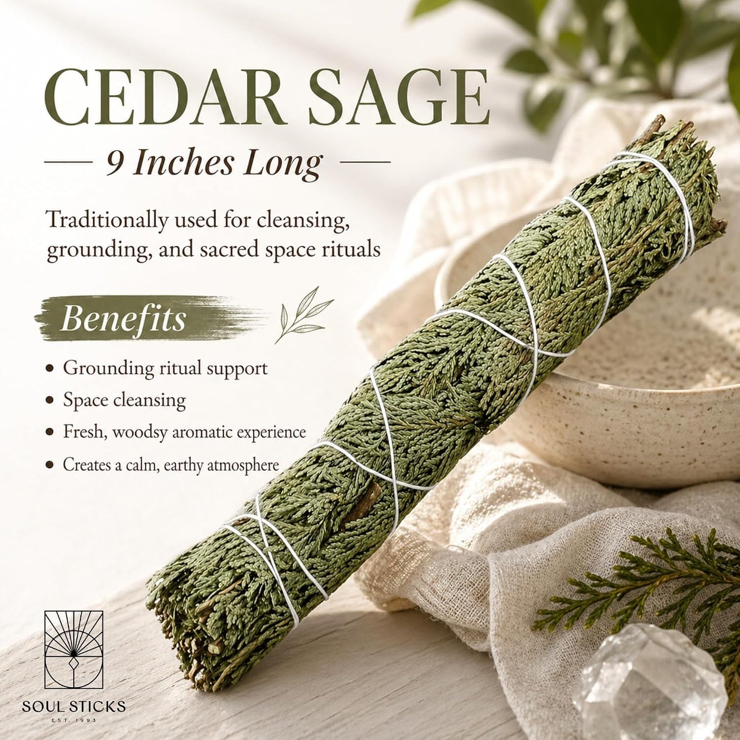 Soul Sticks Organic Cedar Sage Smudge Stick 1 Pack - 9 Inch | Floral Sage House Blessing | Cleansing House & Negative Energy