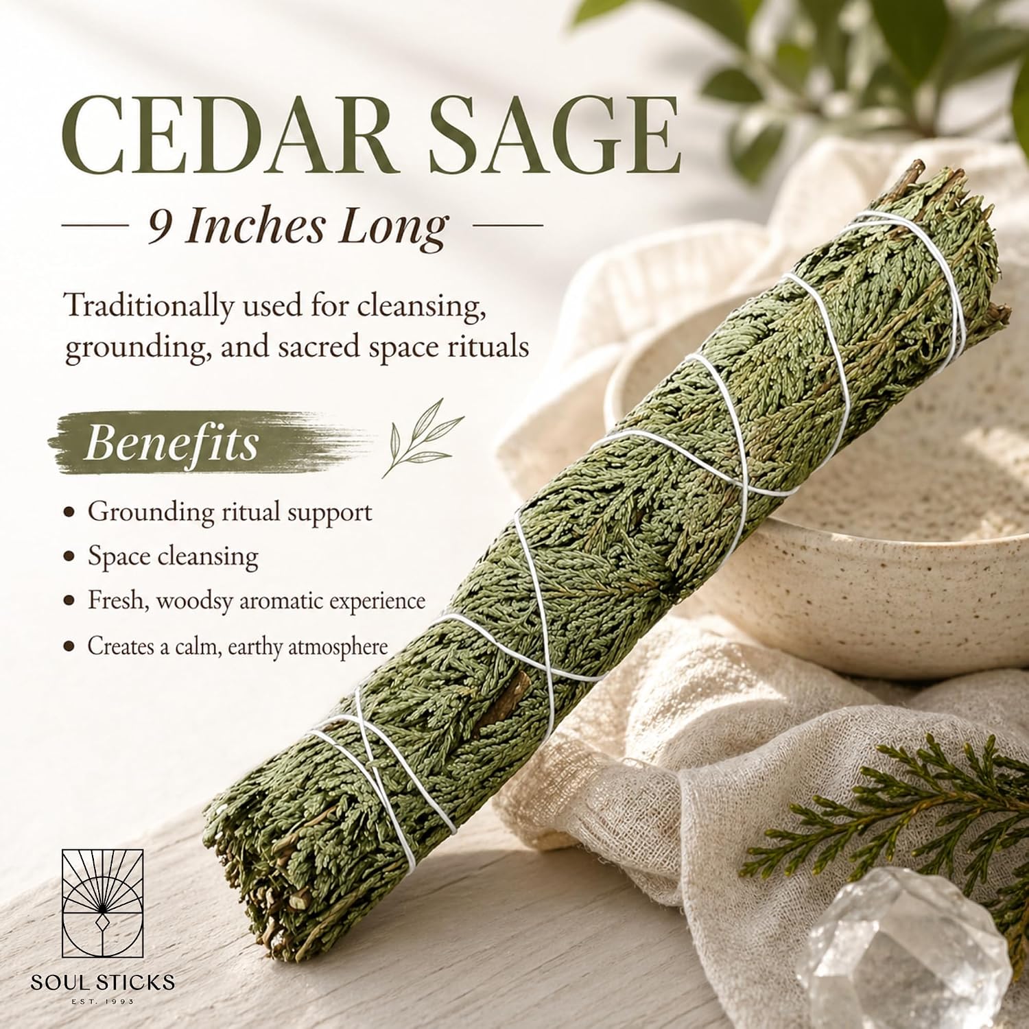 Soul Sticks Organic Cedar Sage Smudge Stick 1 Pack - 9 Inch | Floral Sage House Blessing | Cleansing House & Negative Energy