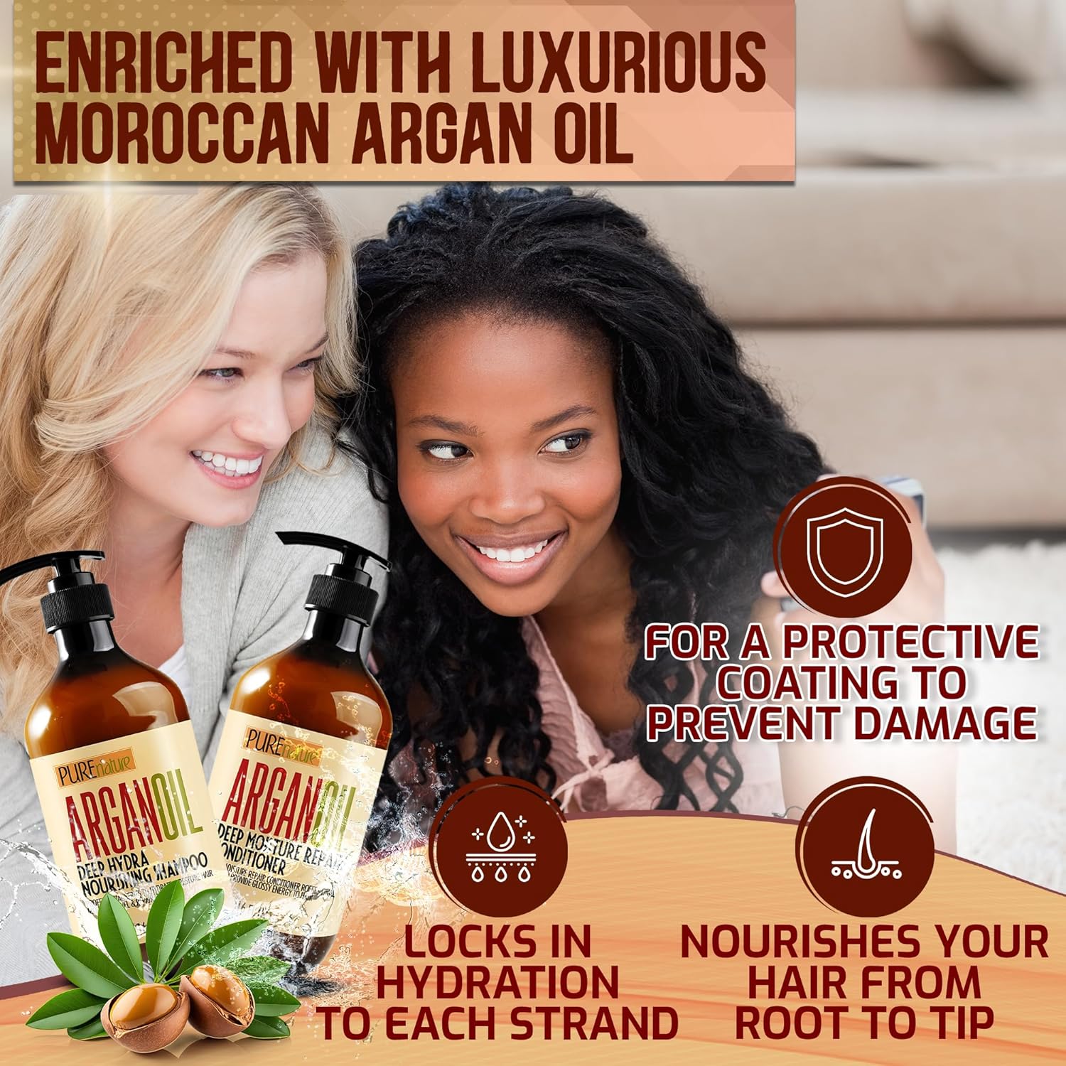 Argan Oil Shampoo and Conditioner Set - Sulfate Free Moroccan Care with Keratin - For Curly, Straight, Dry and Damaged Hair - Moisturizing, Hydrating, Anti Frizz Salon Technology