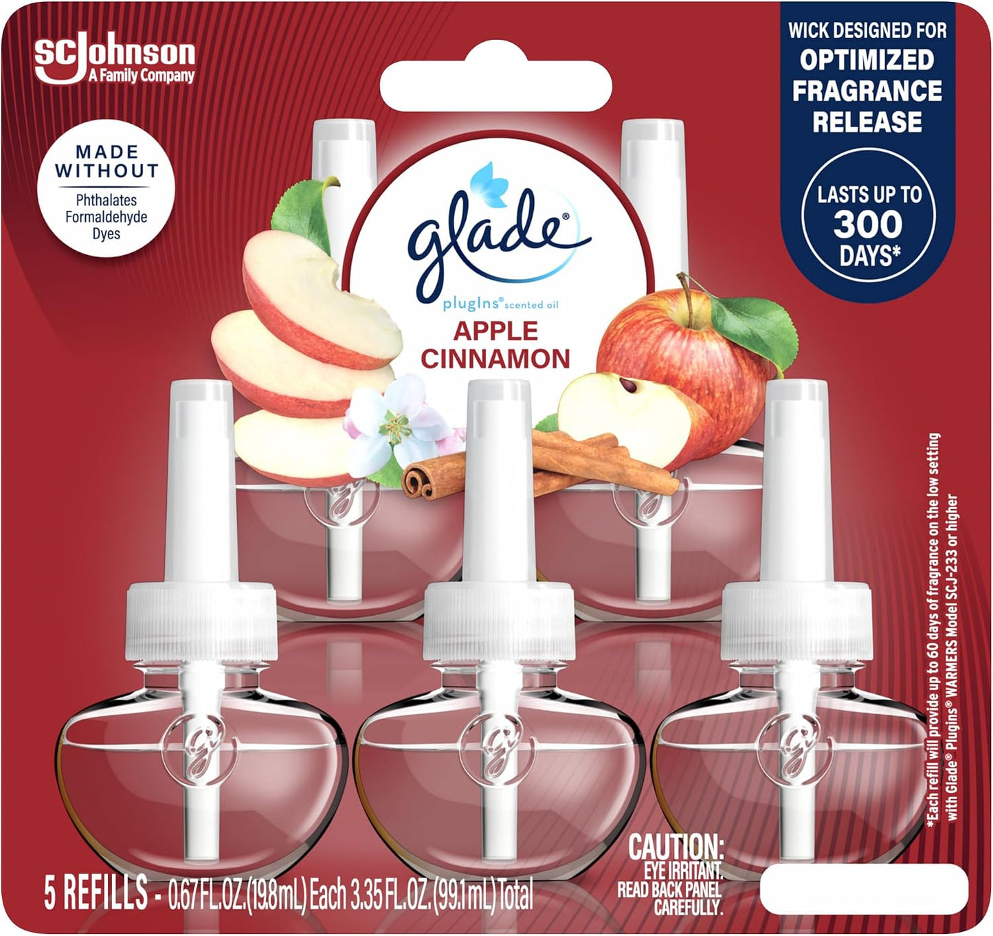 Glade PlugIns Refills Air Freshener, Scented and Essential Oils for Home and Bathroom, Apple Cinnamon, 3.35 Fl Oz, 5 Count