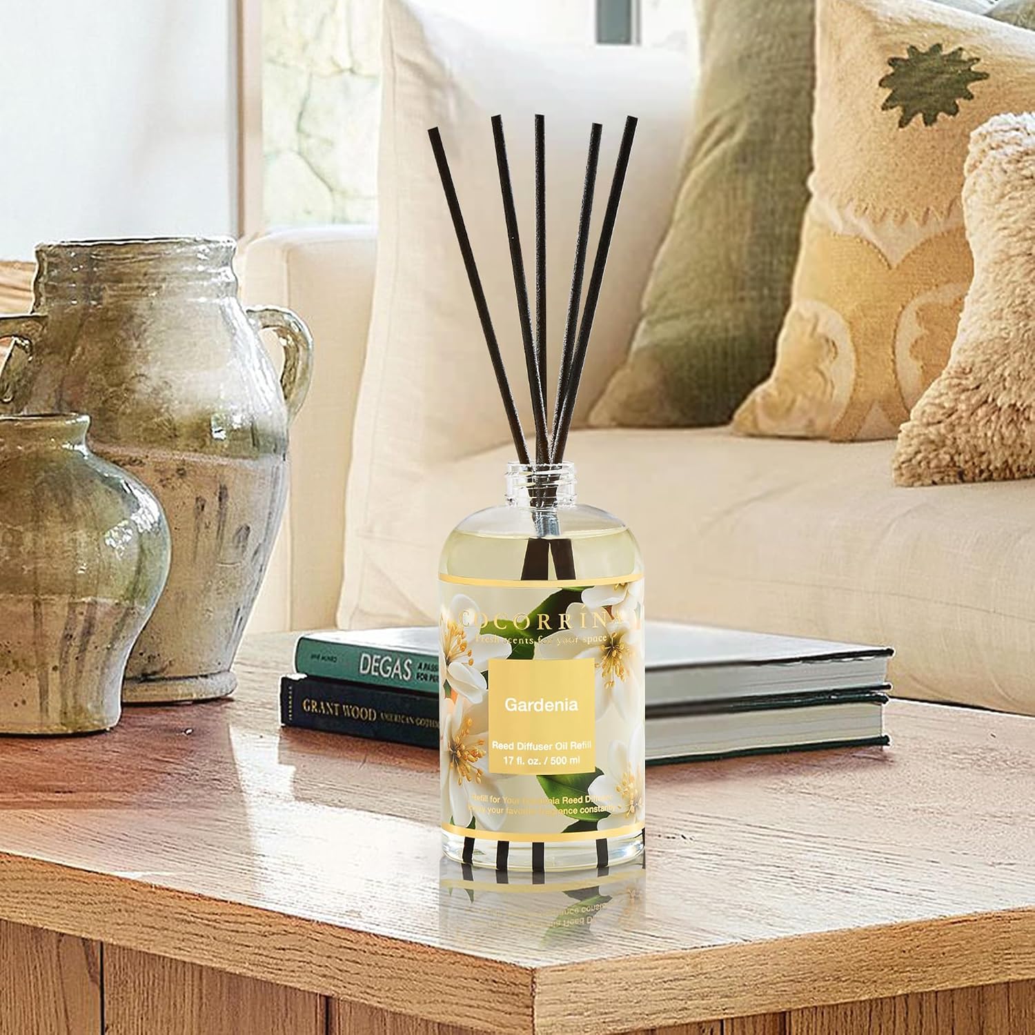 Cocorrína Reed Diffuser Refill Gardenia 17oz (500ml) with 8 Sticks - Premium Long-Lasting Scented Oil, Home Fragrance for Bedroom, Bathroom Home Decor