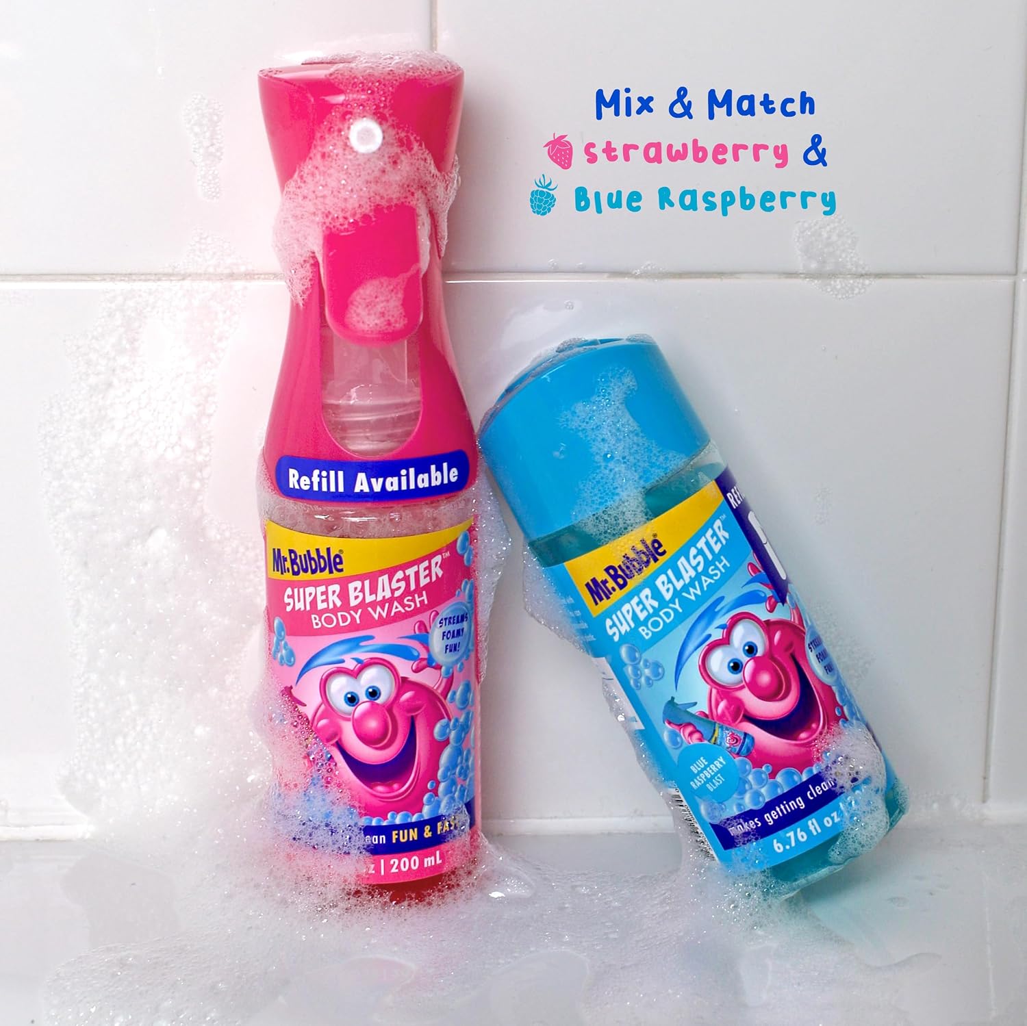 Mr. Bubble Super Blaster Body Wash, Blue Raspberry Blast Scent, Fun Body Wash Sprayer for Kids Shower and Bath, 6.76 fl oz