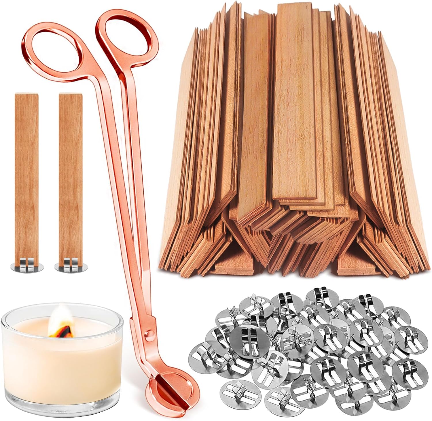 120 Pcs Extra Thick Wood Wicks, Wide Wood Wicks for Candles Making with Wick Trimmer, Wooden Wicks 5.1×0.75×0.04 Inches for 8 oz Candle Jar, Long-Lasting Flame, Easy to Burn (60 Sets)