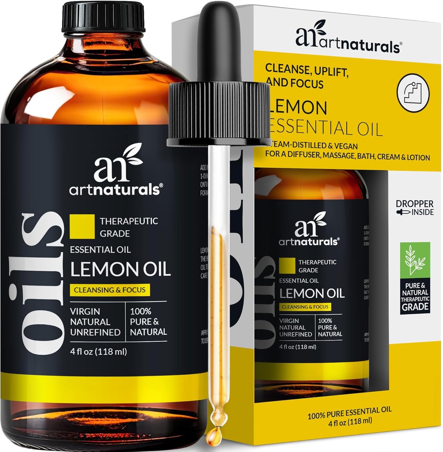 artnaturals Lemon Essential Oil (4.0 Fl Oz / 118ml) - 100% Pure Lemons Oils - Therapeutic Grade Best for Skin, Hair, Natural Solution, Aromatherapy & Diffuser