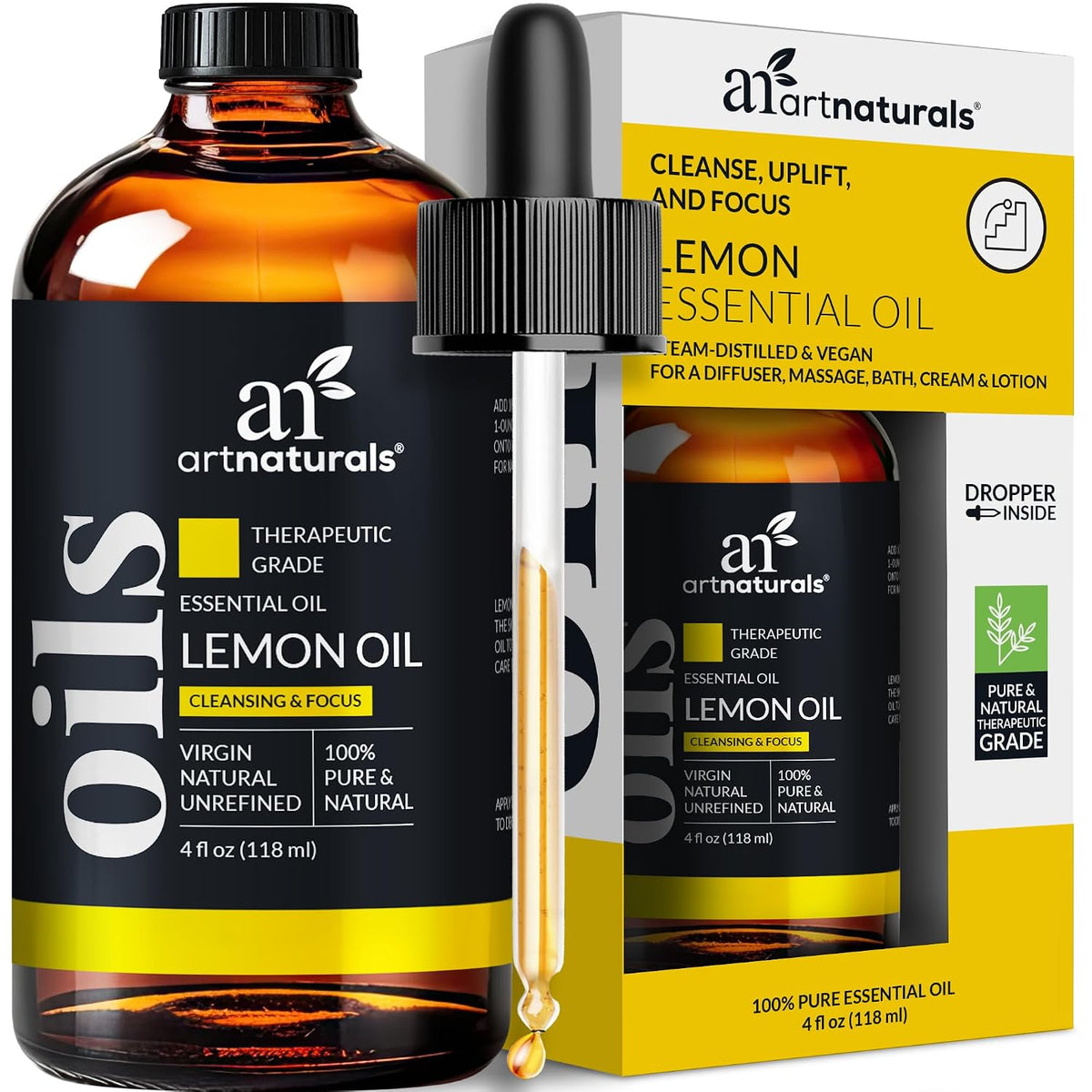 artnaturals Lemon Essential Oil (4.0 Fl Oz / 118ml) - 100% Pure Lemons Oils - Therapeutic Grade Best for Skin