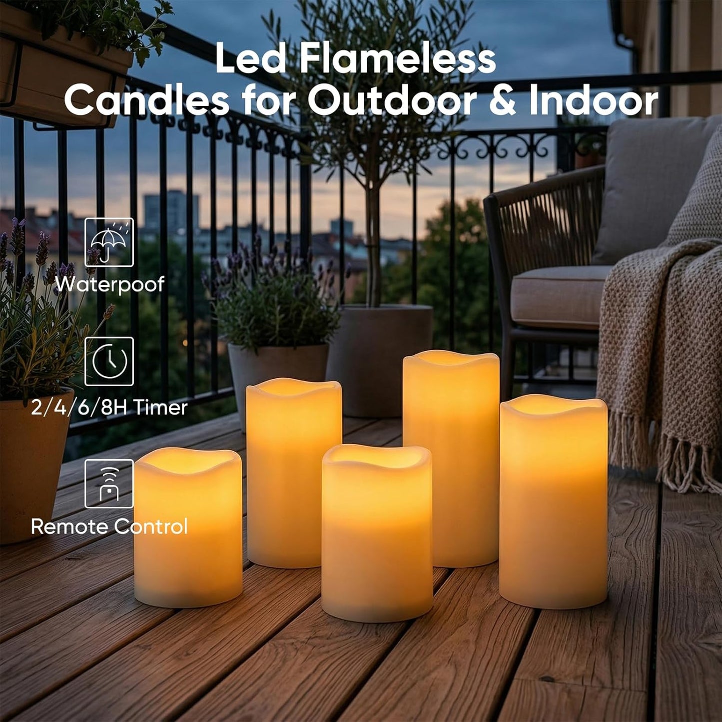 5plots 3" X 5" Outdoor Waterproof Candles, Battery Operated Led Ivory White Flameless Candles with 10-Key Remote & Timer for Indoor Home Lantern Holiday Decor, Set of 2