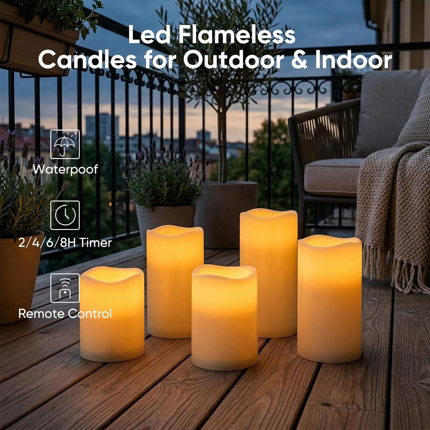 5plots 3" X 5" Outdoor Waterproof Candles, Battery Operated Led Ivory White Flameless Candles with 10-Key Remote & Timer for Indoor Home Lantern Holiday Decor, Set of 2