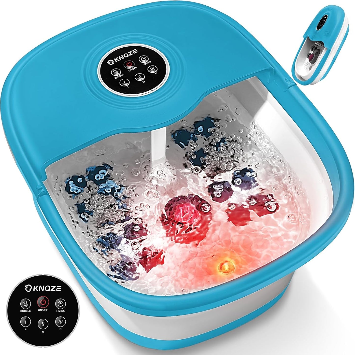 Foot Bath Massager with Bubbles, Heat, and 16 Massage Rollers - Collapsible Foot Spa Tub with Remote Control, Temperature Control, Red Light, Pumice Stone
