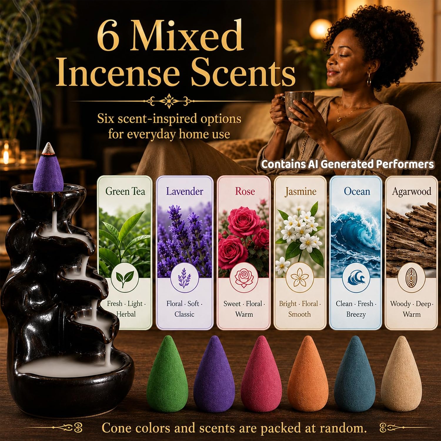 Sukh Backflow Incense Cones for Waterfall - Waterfall Scented Incense Cone 108 PCS Backflow Smoke Burning Cone Incense Bulk 6 Different Incense Waterfall Cones for Backflow Waterfall Incense Burner