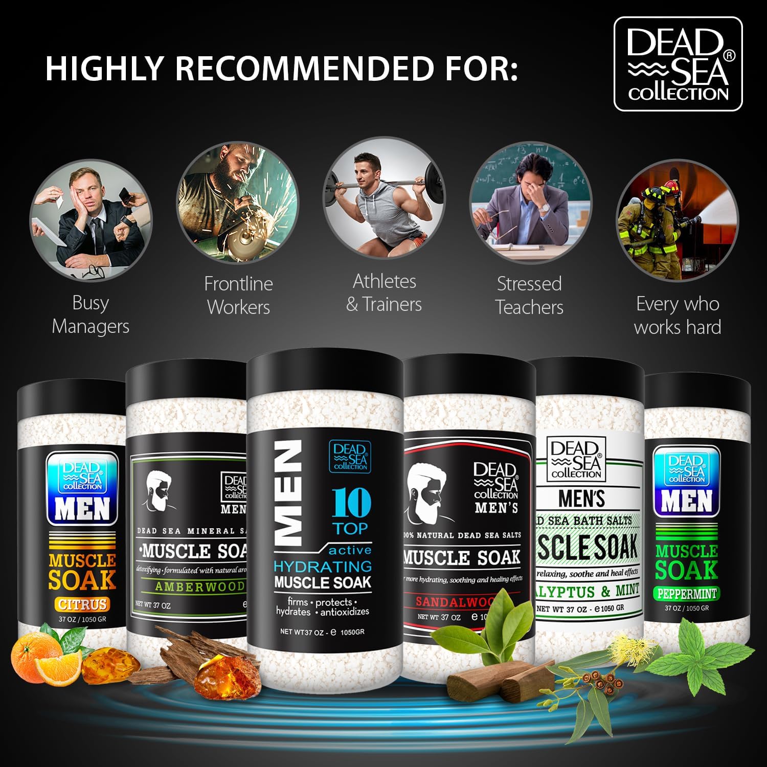 Dead Sea Collection Bath Salts for Men - Muscle Recovery Bath Soak - TOP 10 Active Mens Pure Dead Sea Salt for Soothing and Relaxing - 37 Oz