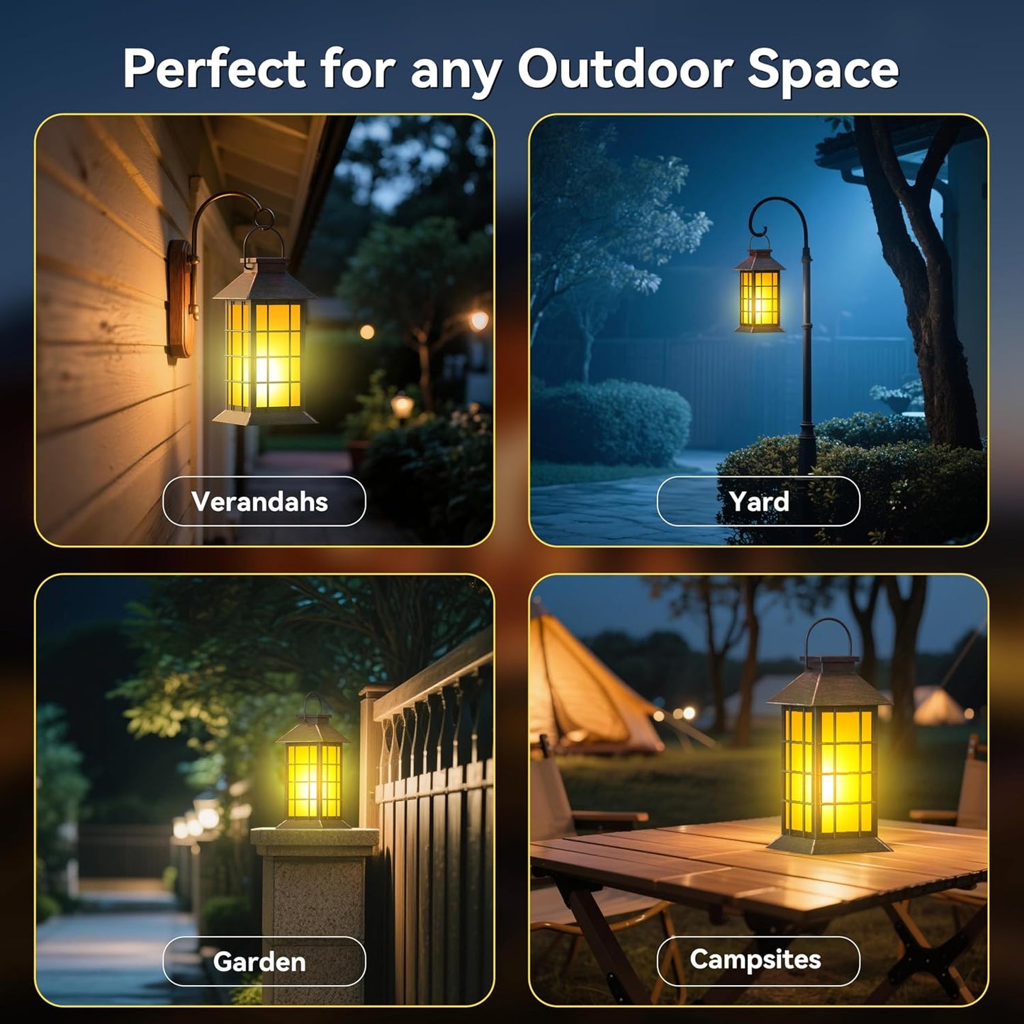 2 Pack 13" Copper Solar Lantern with Flickering Flame Candle | Outdoor Waterproof Hanging Solar Lanterns, Metal & Glass Lights for Garden Decoration, Rustic Gifts for Mom