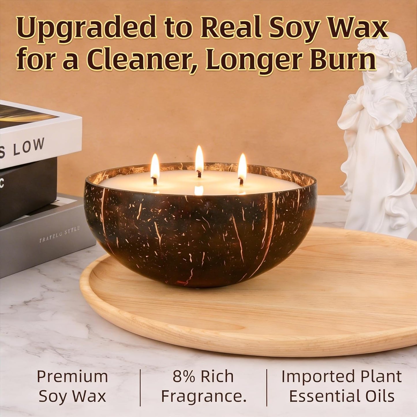 Viyffo Fresh Linen Scented Candle, Large 18oz 3 Wick Non Toxic Soy Candles, Natural Coconut Shell Candles for Home, Clean & Fresh Aromatherapy for Relaxation & Spring Décor, Gift for Women & Men