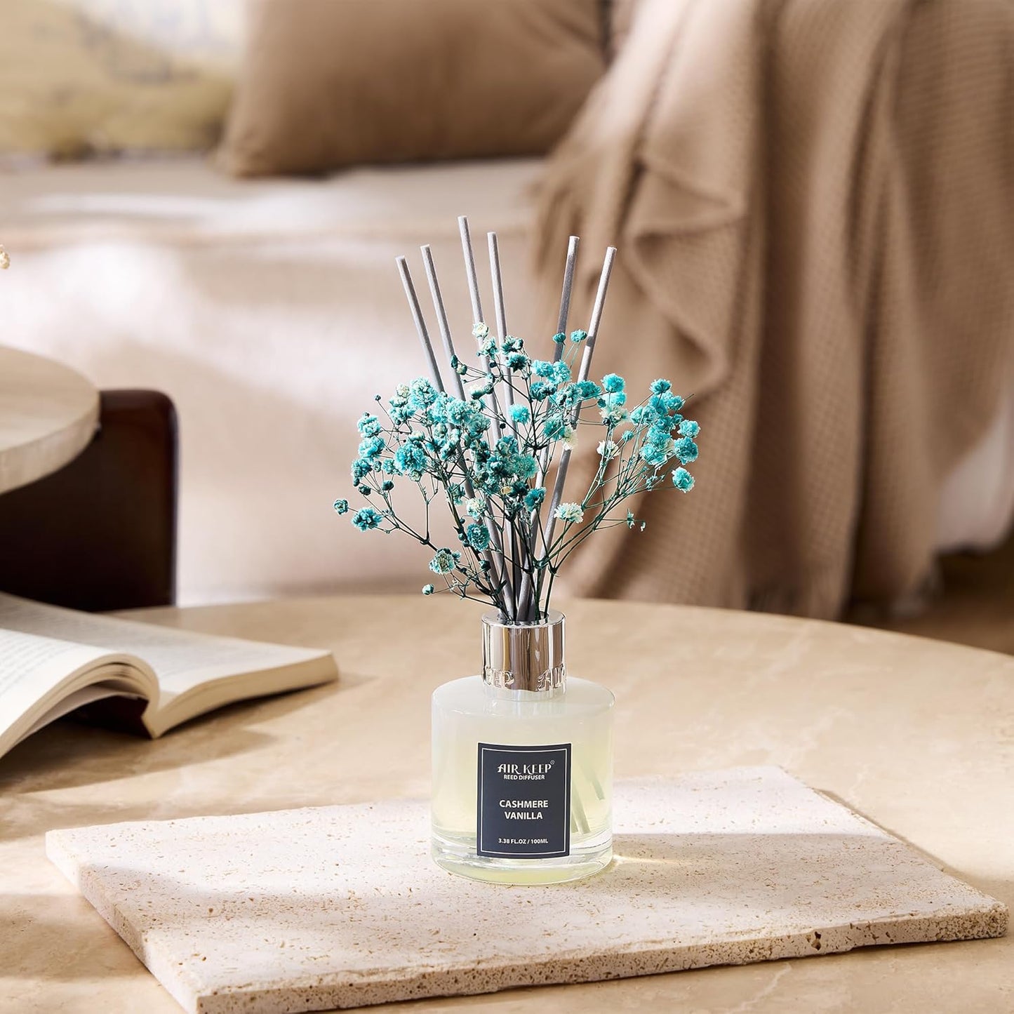Airkeep Reed Diffuser Set,3.38 fl oz (100 ml) - Cashmere Vanilla Oil Diffusers with 8 Reed Sticks, Home Fragrance Reed Diffuser for Bathroom Shelf Decor