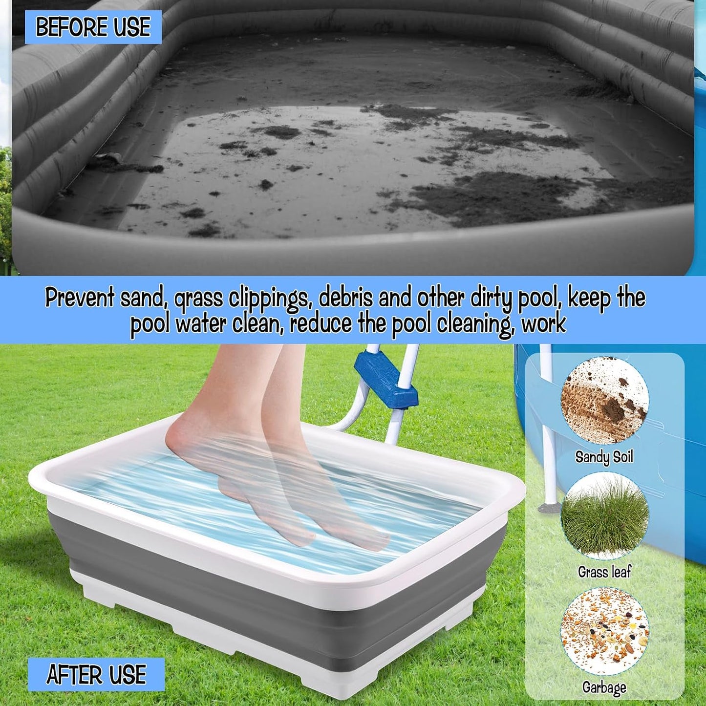 CIEOVO 11.8" x 7.87" x 4.5" Portable Pool Foot Bath, Non- Slip Collapsible Pool Foot Wash Basin Tub for Above Ground Swimming Pools Accessories