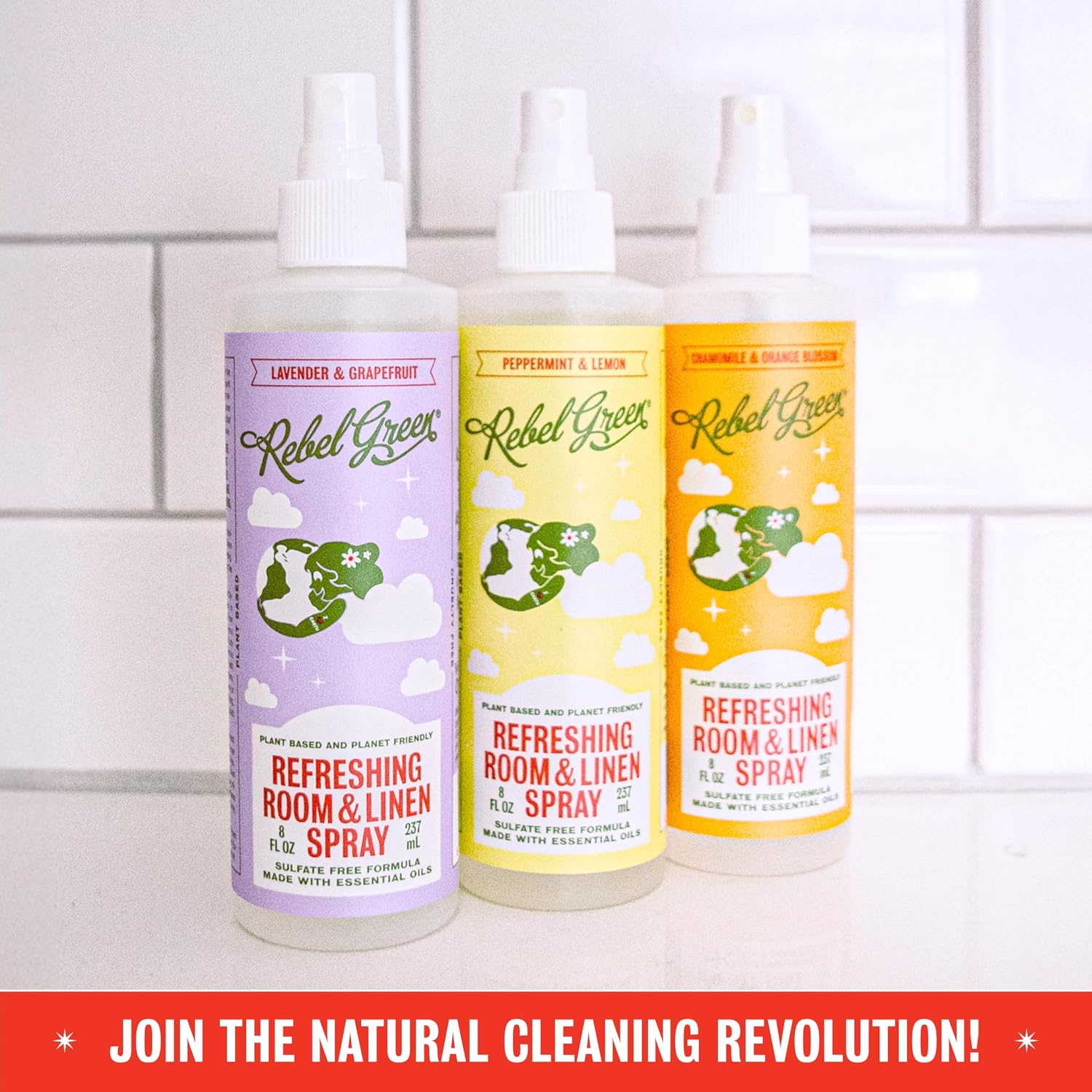 Rebel Green Refreshing Room & Linen Spray Variety Pack of 3 - Plant-Based Essential Oil Air Freshener - Lavender Grapefruit, Peppermint Lemon, Chamomile Orange Blossom - 8 oz