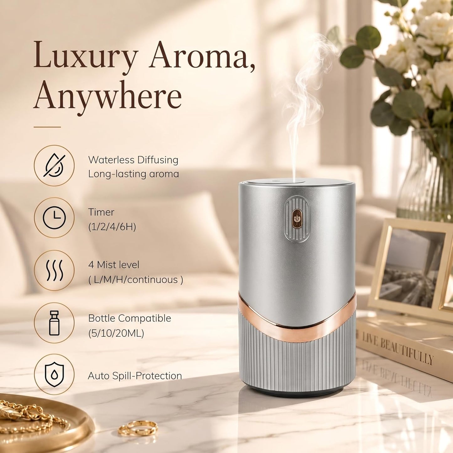 Waterless Diffuser for Home, Car Air Freshener, Home Scent Diffuser, Pura Diffuser with Timer & 4 Mist Levels,Space Grey