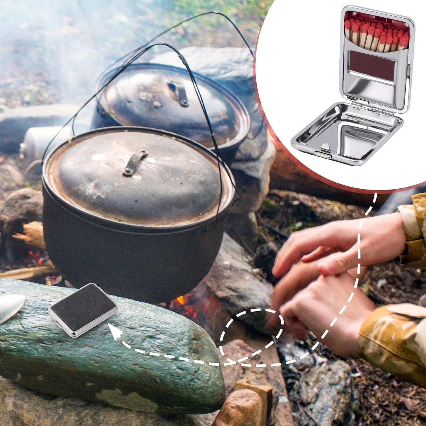 Metal Match Box Case, Portable Matchstick Holder Case with Friction Plate, Reusable Waterproof Stainless Steel Fire Starter with One Button for Outdoor Camping Fireplace - 1 PC, Black