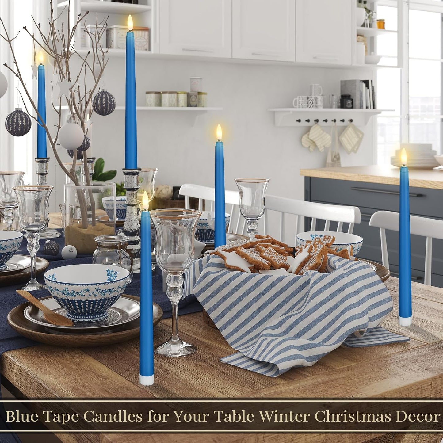 Macarrie 24 Packs Flameless Taper Candles Battery Operated Fake 11 Inch Long Candlelight LED Flameless Candlesticks Flickering Tapered for Summer Fall Wedding(Blue)