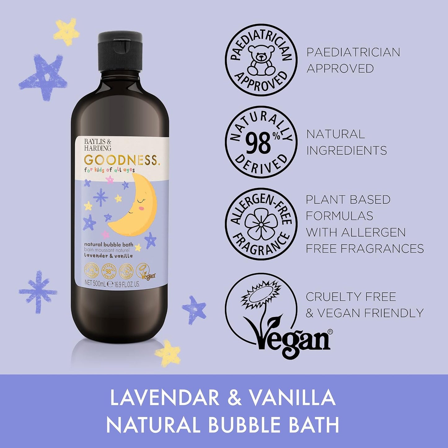 Baylis & Harding Goodness Kids Lavender & Vanilla Natural Bubble Bath 16.9 fl. oz (Pack of 3) - Biodegradable Formula - Vegan Friendly
