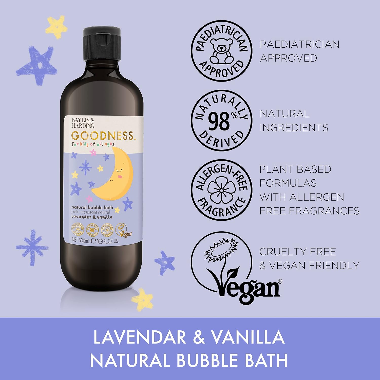 Baylis & Harding Goodness Kids Lavender & Vanilla Natural Bubble Bath 16.9 fl. oz (Pack of 3) - Biodegradable Formula - Vegan Friendly