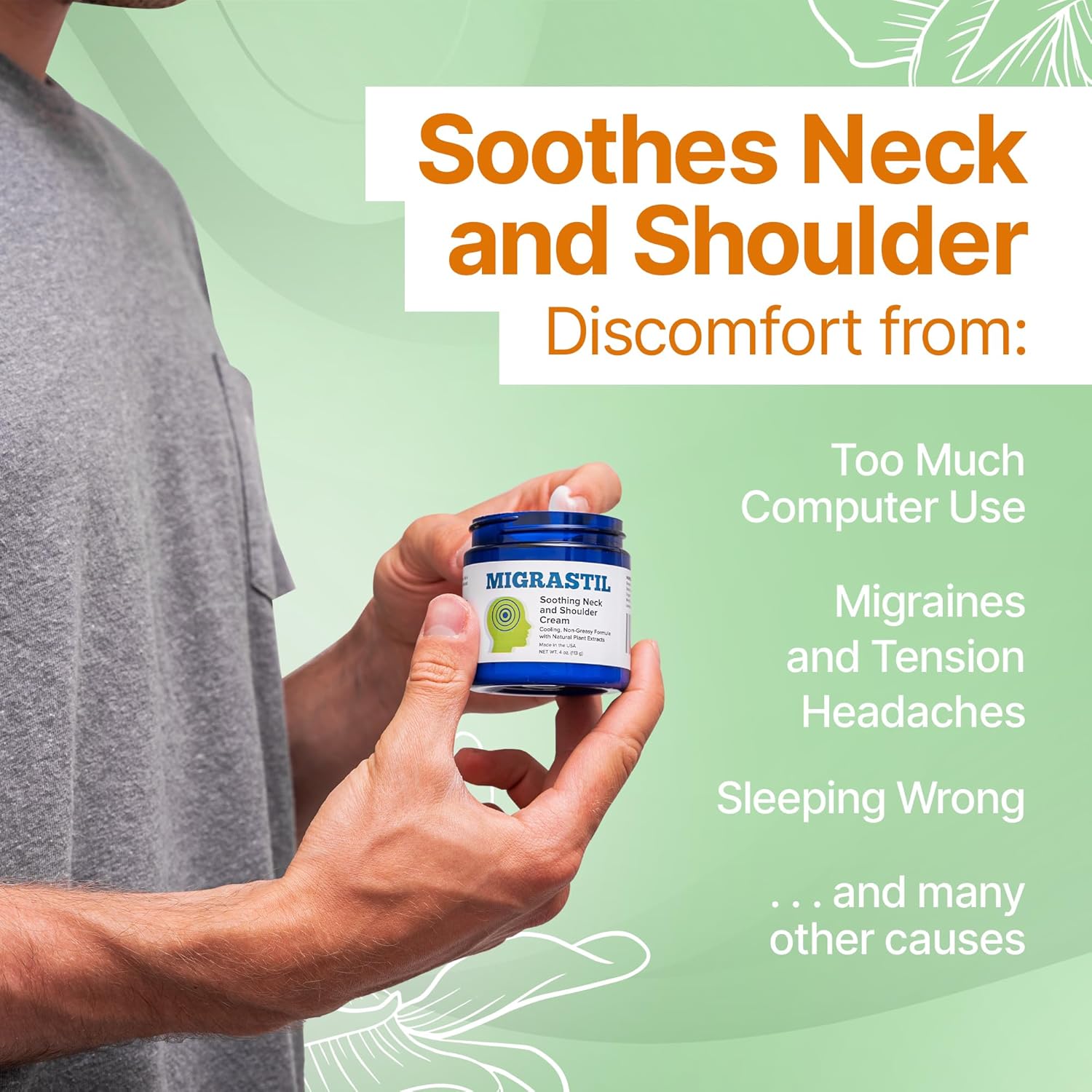Basic Vigor Migrastil Neck & Shoulder Cream. Cooling Comfort for Migraines, Tech Neck & Tension. (4 oz.) Made in The USA.