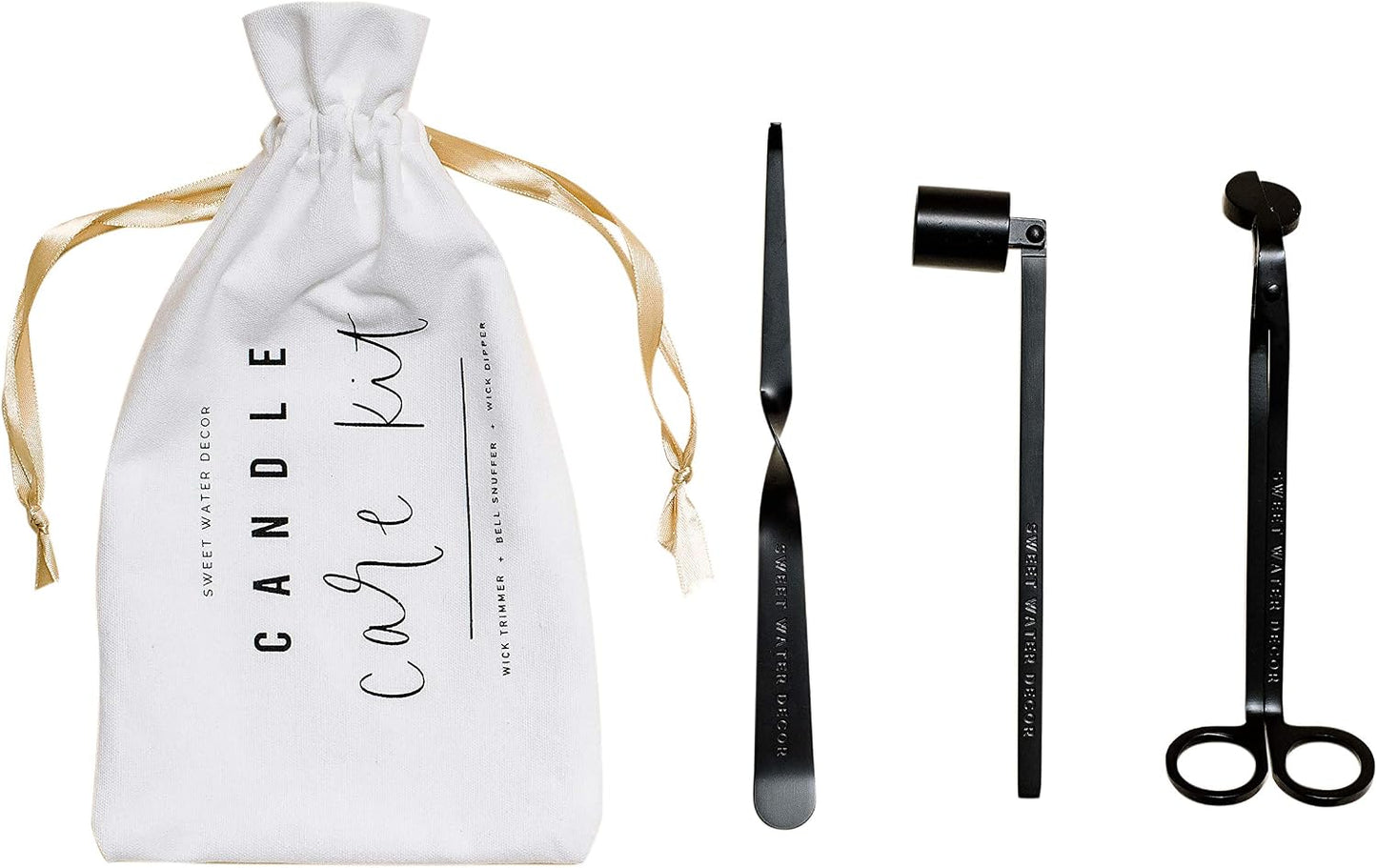 Sweet Water Decor Candle Care Kit | Matte Black Candle Accessory Set Includes Wick Trimmer, Wick Dipper, and Bell Snuffer Tools with Drawstring Bag for Candle Lovers (Matte Black)