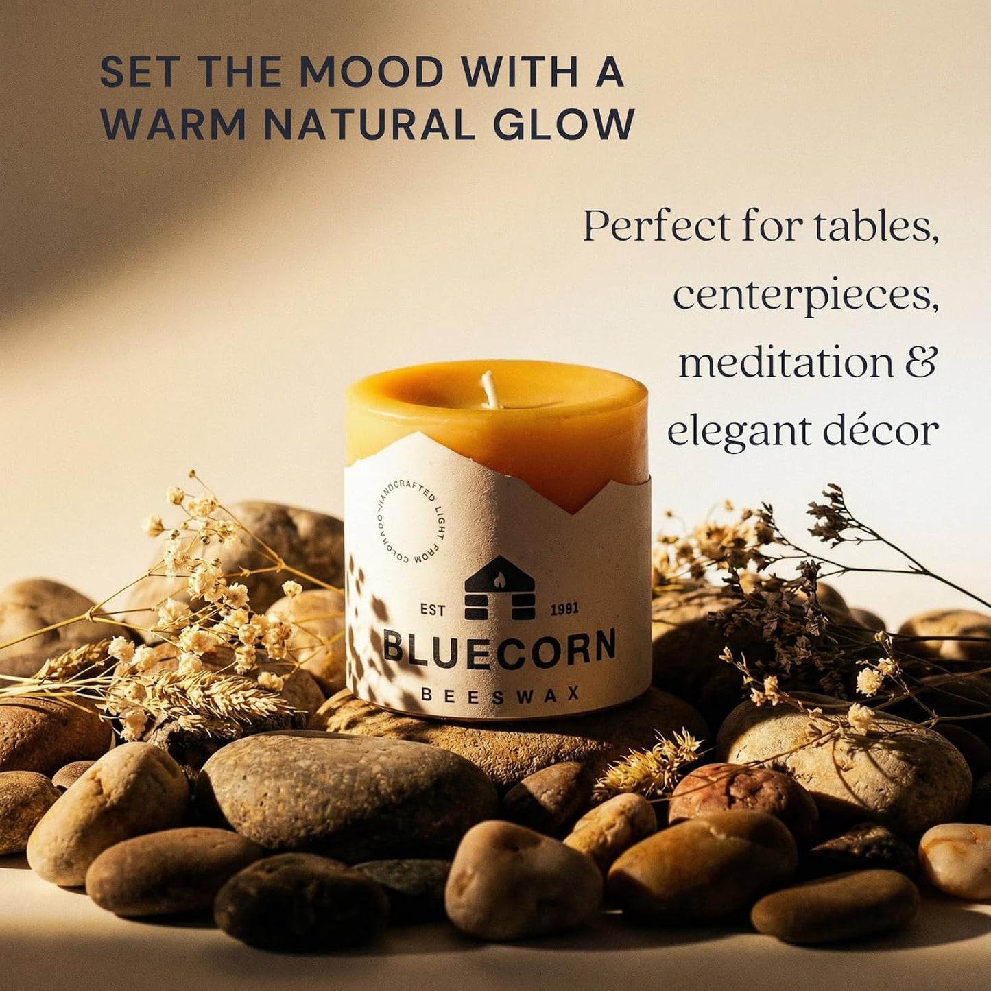 Bluecorn Beeswax Pillar Candle, 100% Pure Natural Bees Wax, Hand Poured 3x3 Candle, Clean Burning & Dripless, Long Lasting (50 Hrs), Paraffin, Soy & Fragrance Free, Home Decor, American Made, 1 Count