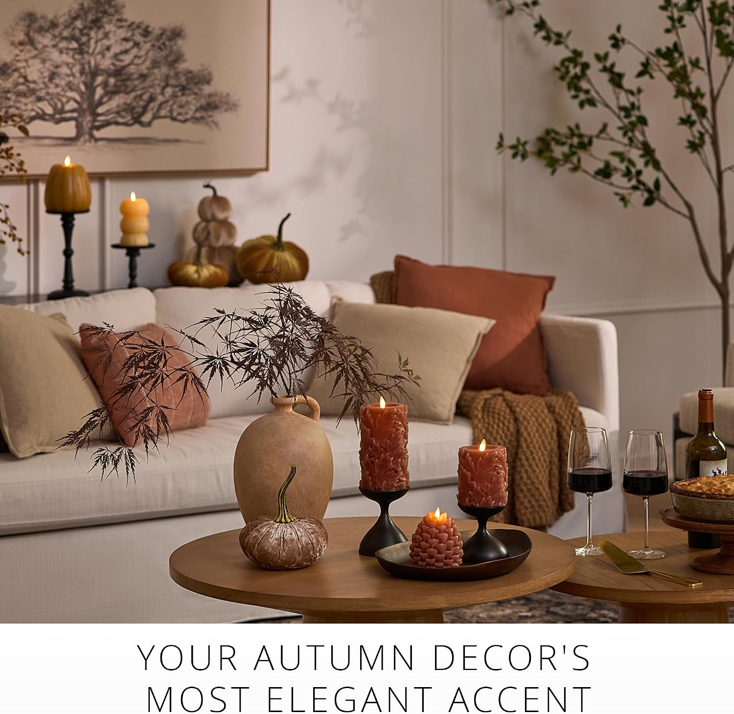 Luminara Flameless Caramel Cafe Embossed Leaves 3.5" x 4.5" Pillar, Battery Operated & Timer Function, Fall Decorations Indoor Candle Moving Flickering Flame LED Light, Remote Ready (Sold Separately)