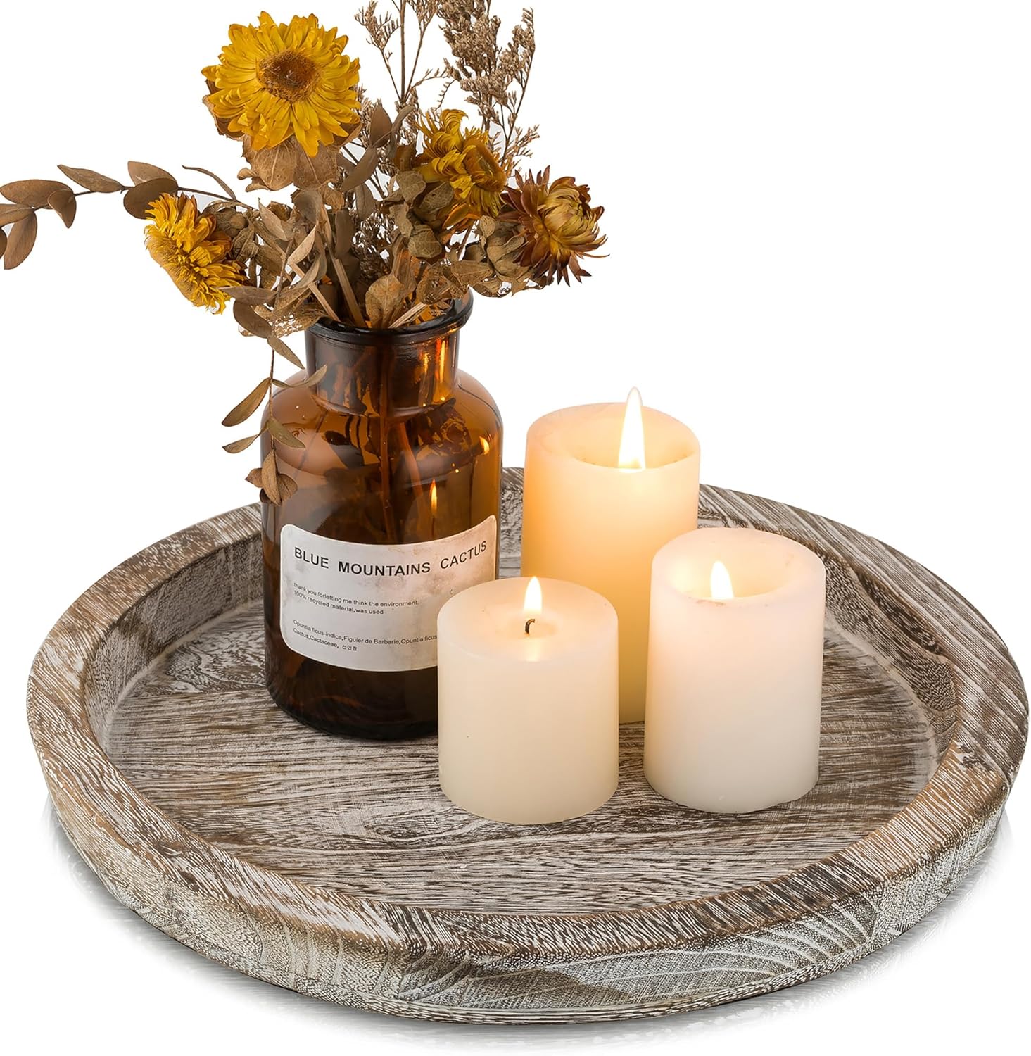 Hanobe Candle Plate Holder Tray: Round Wood Decorative Candle Plate - Rustic Farmhouse CoffeeTable Decor - Tealight Pillar Trays for Home Decor (Whitewash)