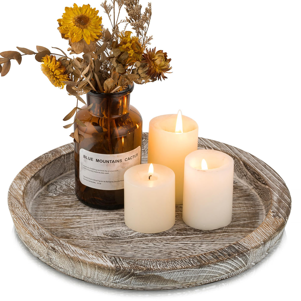 Hanobe Candle Plate Holder Tray: Round Wood Decorative Candle Plate - Rustic Farmhouse CoffeeTable Decor - Tealight Pillar