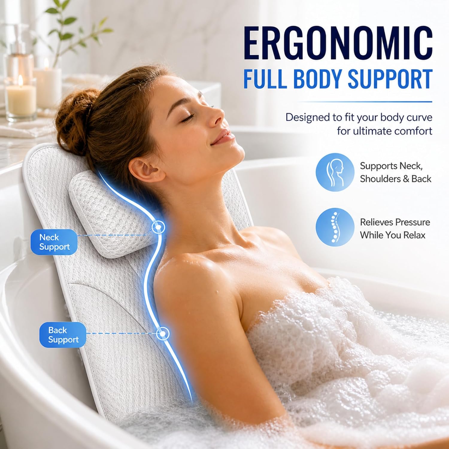 Bath Tub Pillow, Extra Thick Luxury Cushion with Strong Suction Cups for Head, Neck & Back Support, Breathable Spa Pillow for Relaxing Night Bath (White)