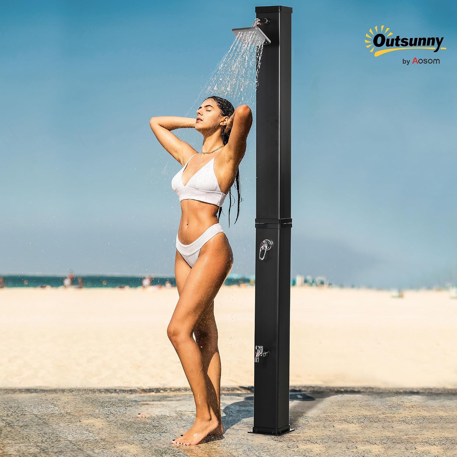 Outsunny 10.6 Gallons Solar Heated Shower with Free-Rotating Shower Head, Temperature Adjustment & Foot Shower, 2-Section Outdoor Shower for Backyard Poolside Beach Pool Spa, 7ft