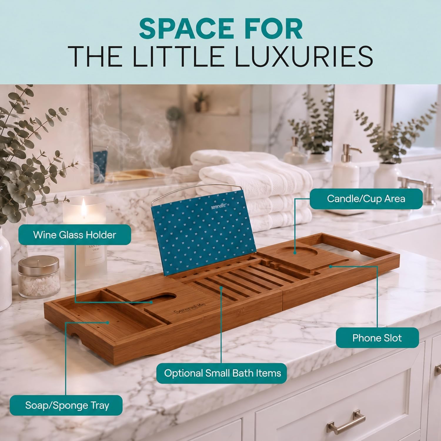 SereneLife Premium Bathtub Tray Caddy, Expandable Bath Tray, Unique House Warming Gifts, Gift for Mom, Women, New Home, Wedding, Anniversary, Bridal Shower, Universal Fit for All Tub - Brown, Gift Set