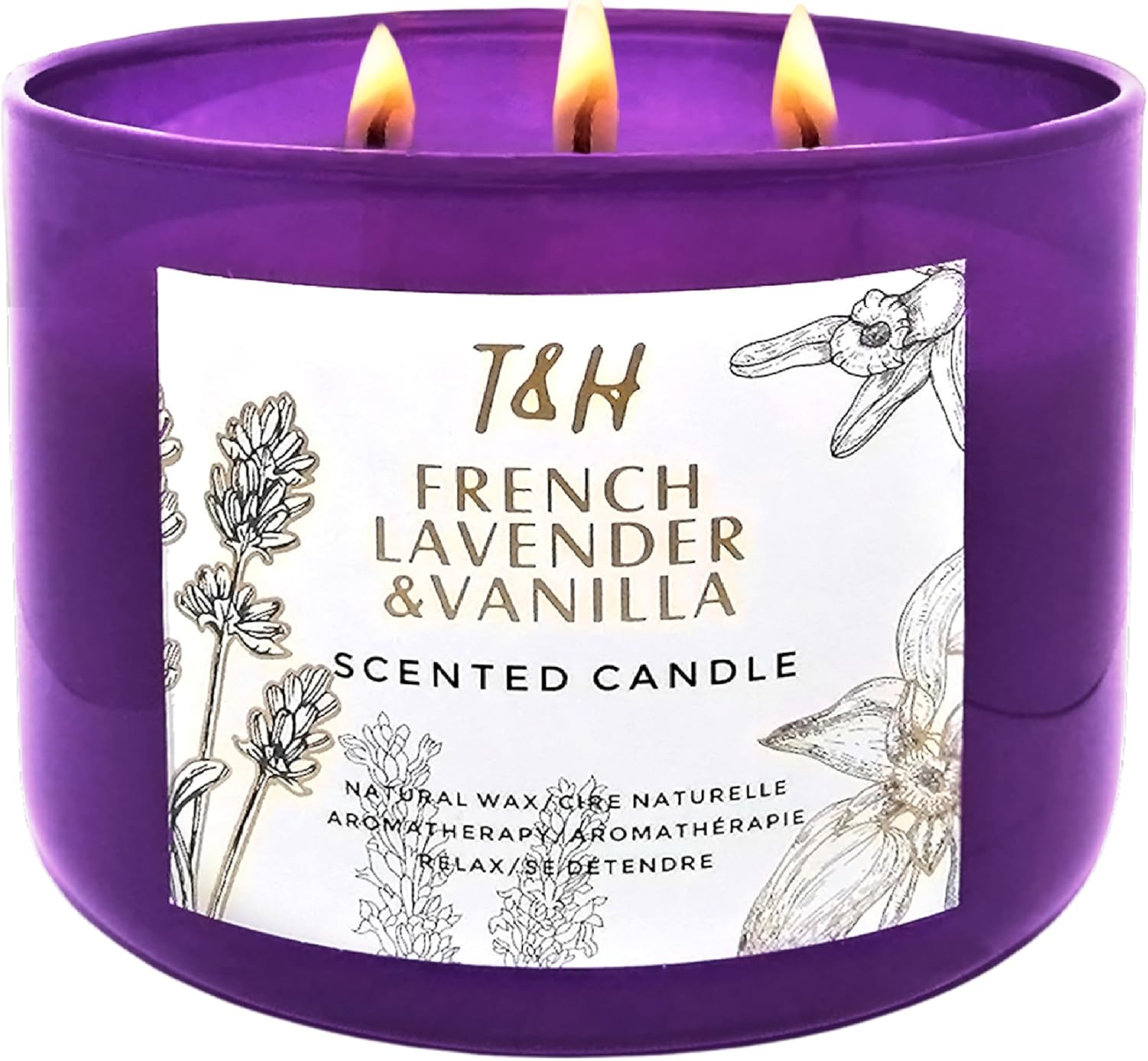 French Lavender Vanilla 3-Wick Scented Candle | 15.8 oz Large Soy Aromatherapy Candle for Home | Clean Burn Long Lasting | Relaxing Floral Vanilla Scent | Cozy Gifts for Women & Men