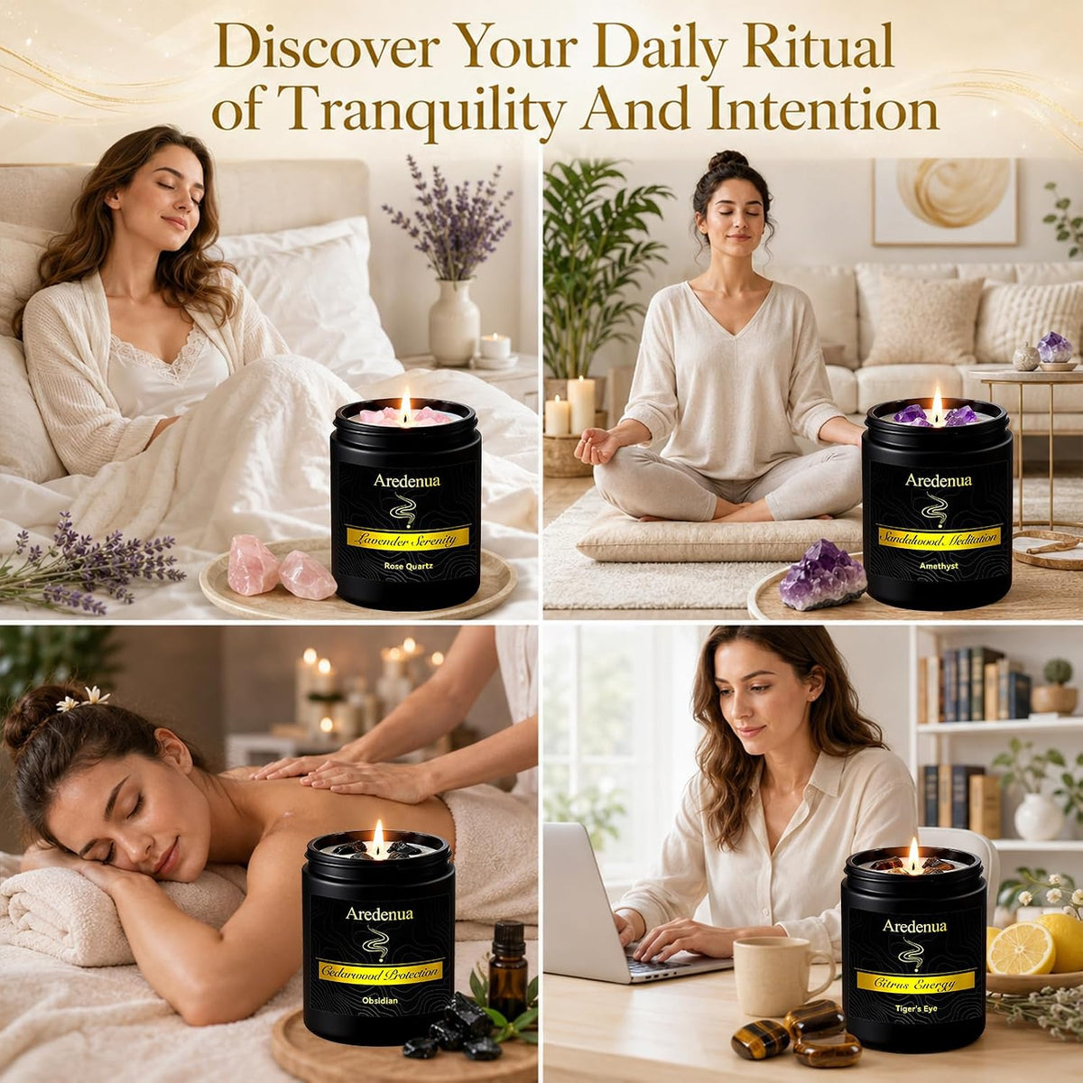 4-Pack Scented Candles with Crystals, 28 oz Soy Candles for Women Men