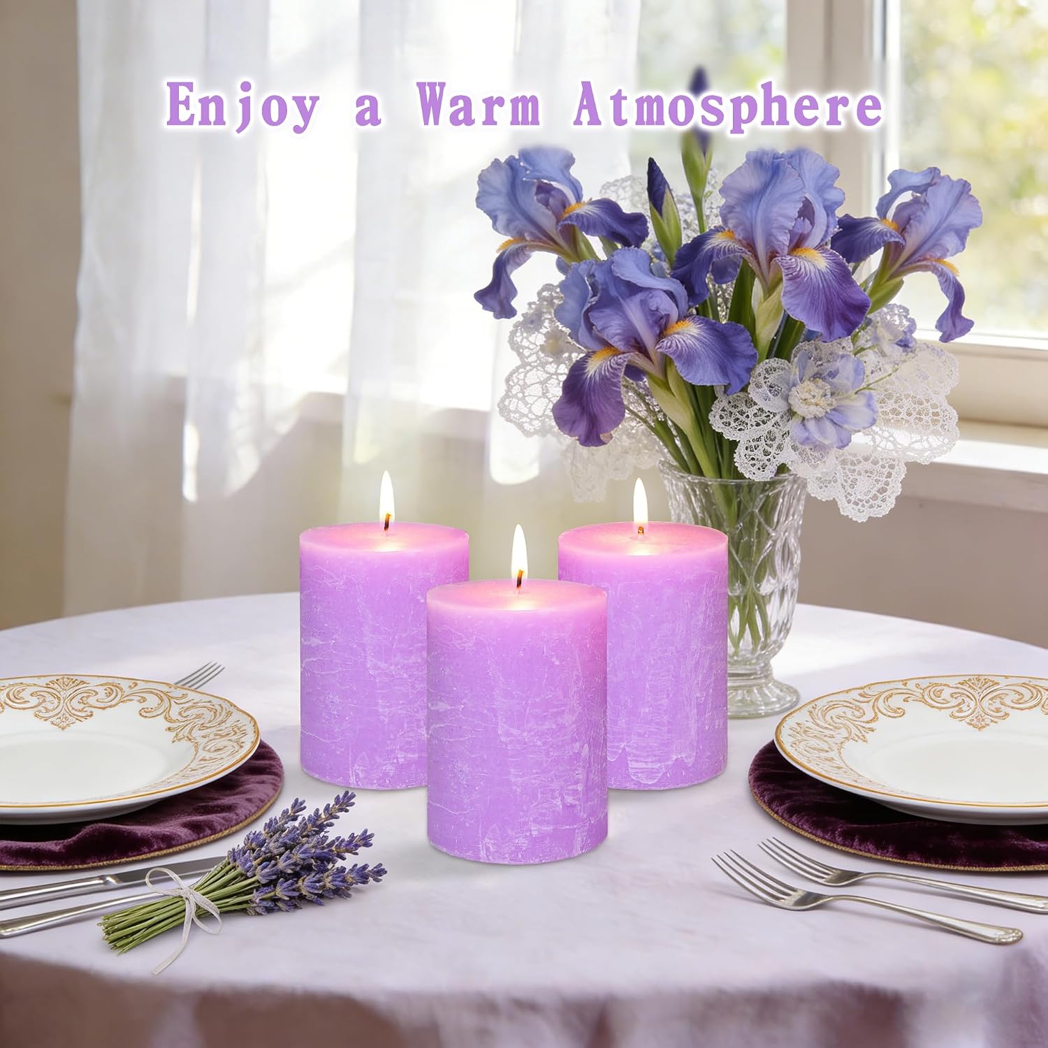 3x4 Inch Lavender Scented Pillar Candles Set of 3 Light Purple Hand-Poured Candle Long-Lasting Burn Rustic Decorative Dripless Candle for Home Scented Stress Relief Meditation