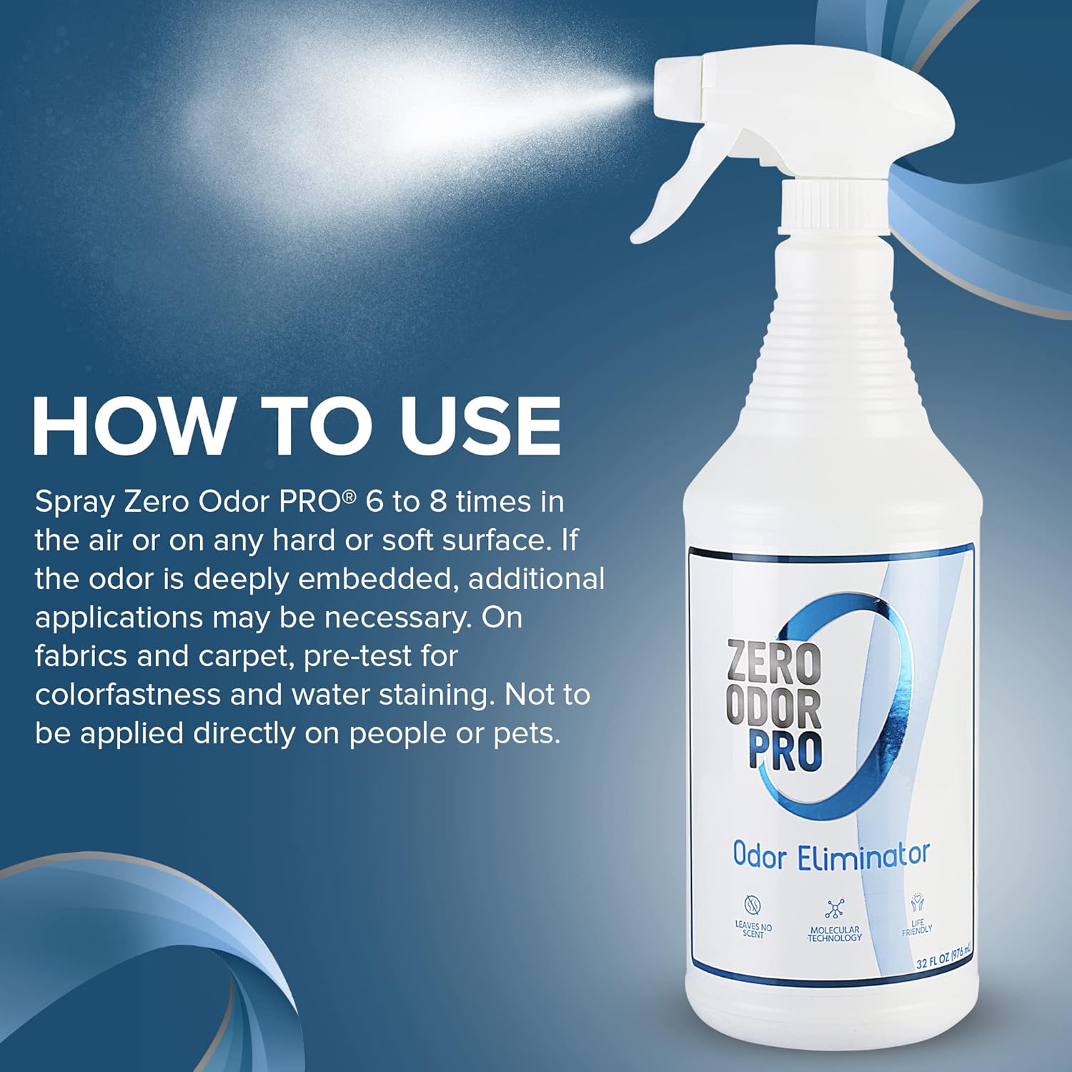 Zero Odor Pro Commercial Strength Odor Eliminator, Room Deodorizer and Air Freshener, Trigger Spray, 32 oz, White/Blue
