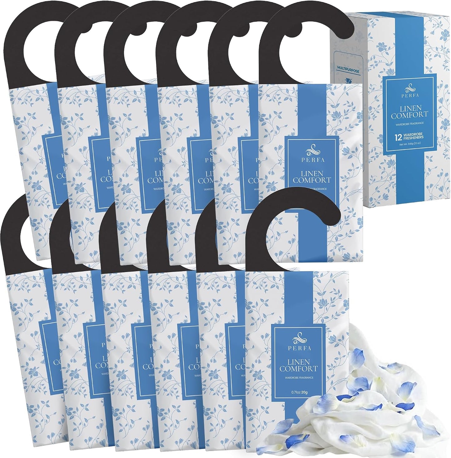 Closet Deodorizer Linen Scented 12 Pack Sachets | Odor Eliminator for Small Spaces | for Wardrobe, Storage, Cabinet, Shoes & Lockers | Long Lasting Fragrance | Linen Scent Closet Freshener by Perfa