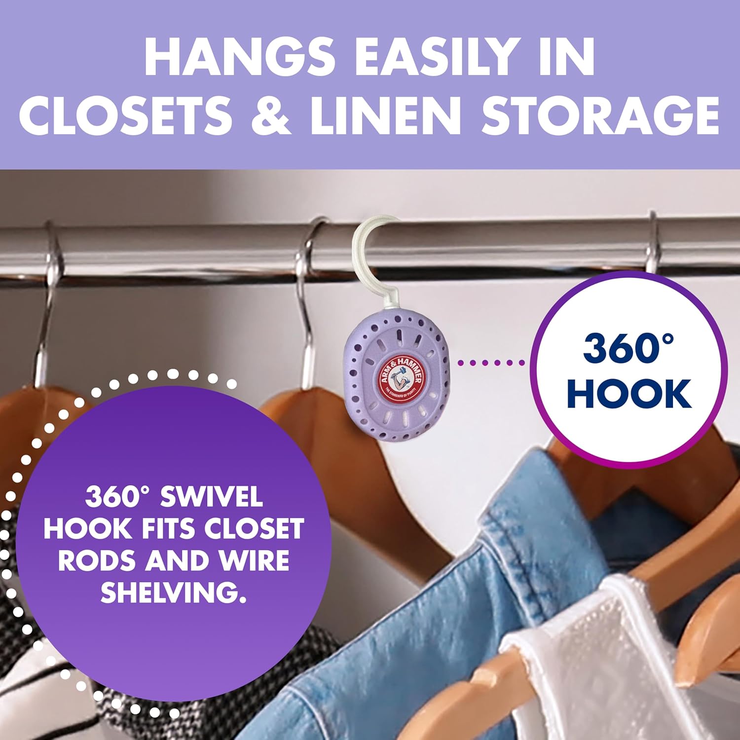 Arm & Hammer OdorBusterz ClosetMATE™, Lavender, 4 Count – Hanging Odor Absorber with Baking Soda, 360° Rotating Hook for Closets, Lockers & Storage Areas