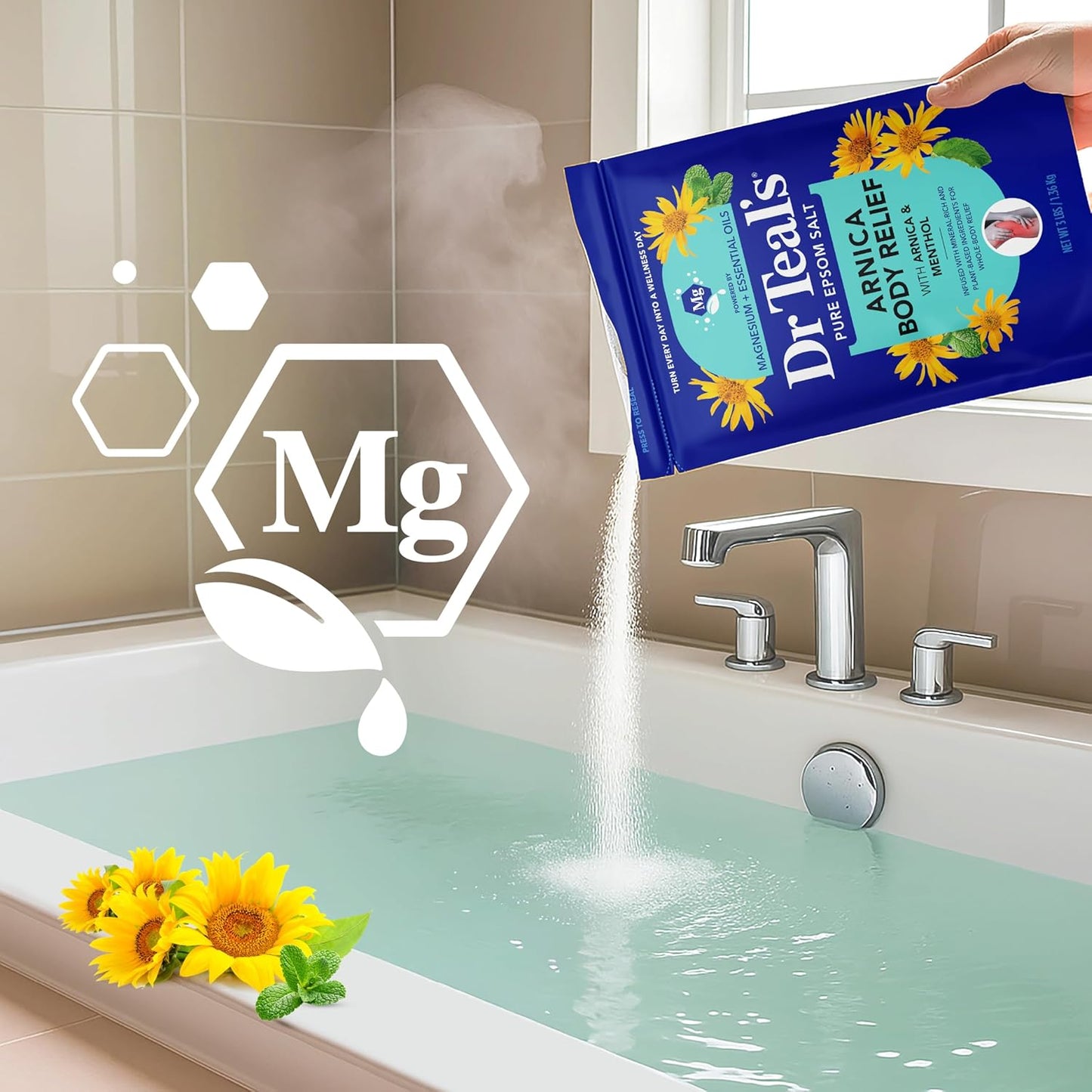 Dr Teal's Arnica Body Relief Epsom Salt Magnesium Soak with Menthol & Essential Oils, Muscle Recovery, 3 lbs
